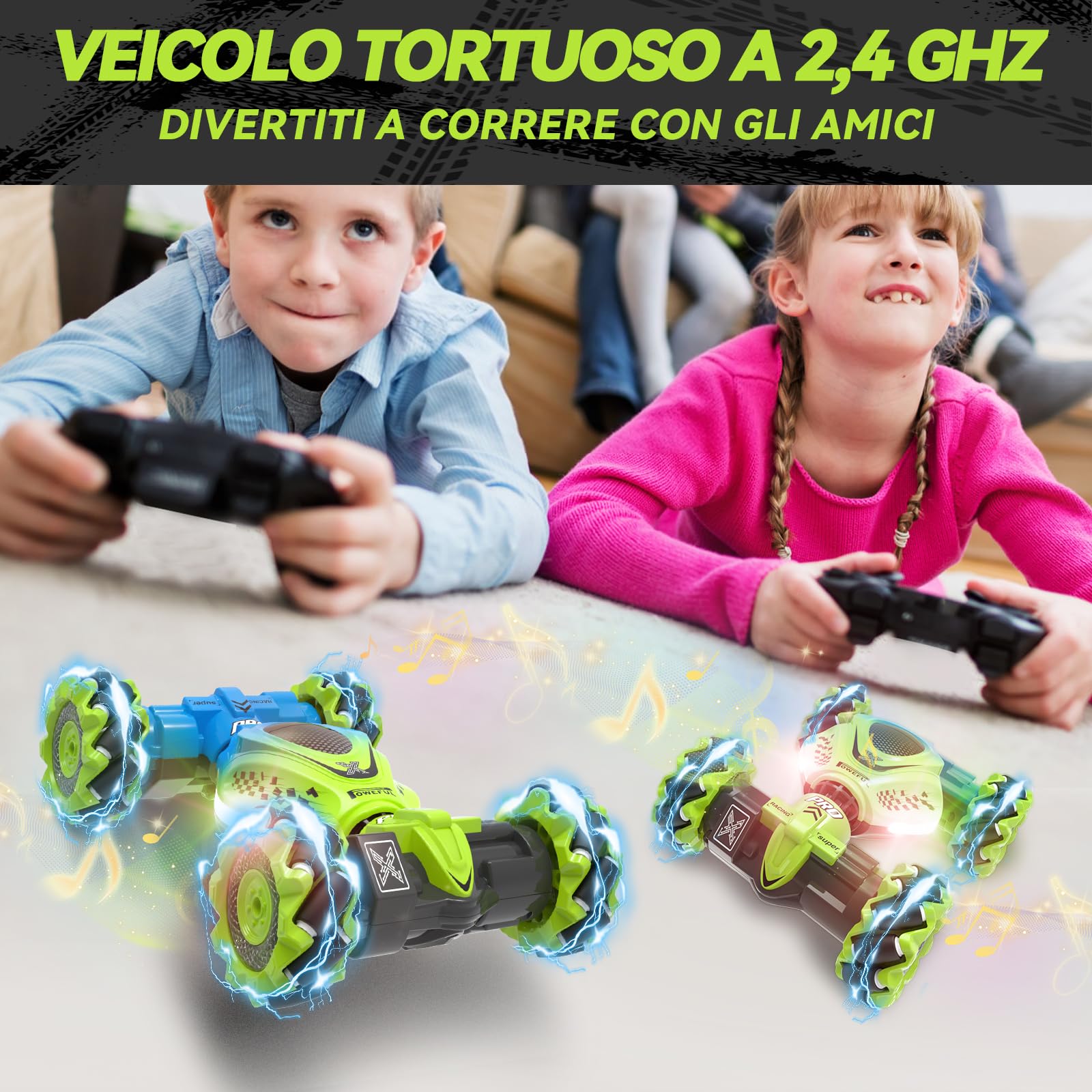 Dysaim Macchina Telecomandata RC Stunt Car Macchina Controllo con Telecomandata 2,4 GHz 4WD 360° Rotazione Crawler Offroad Car RC Drift Auto 2 Batteria Musica Natale Regalo per Bambini da 6 8 12 anni