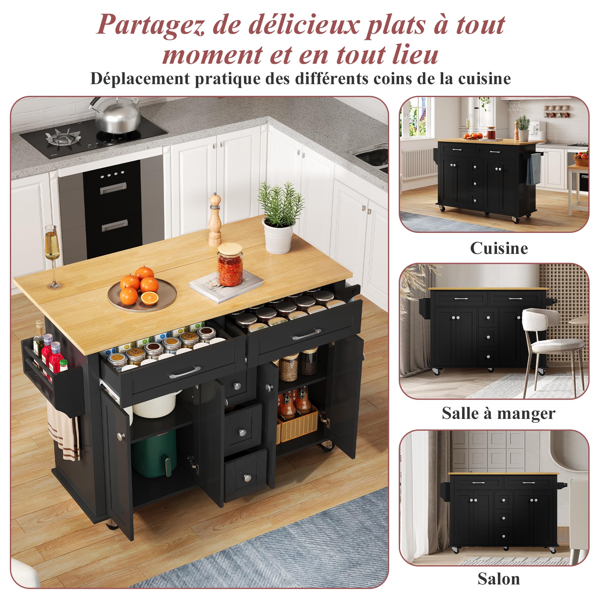Carrello da cucina, isola da cucina con piano di lavoro pieghevole, 5 cassetti e 4 porte, portaspezie, portasciugamani con ruote, per cucina, sala da pranzo, soggiorno (nero)