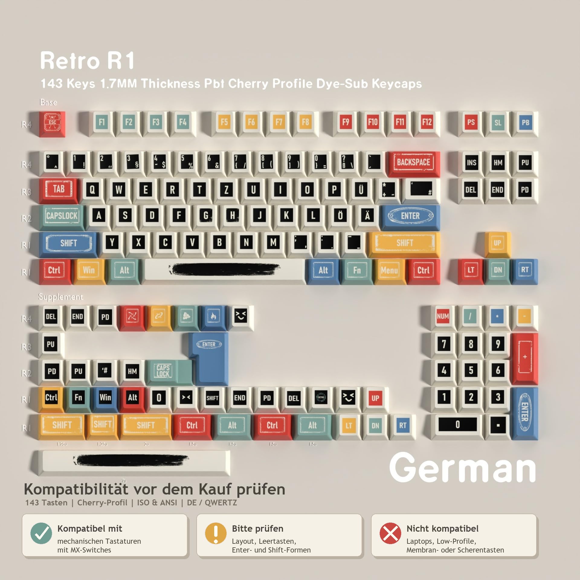 Keycaps AZERTY Retro, 143 Touches PBT, Profil Cherry