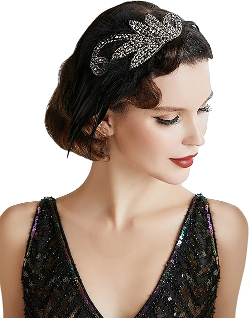 BABEYOND Vintage 1920s Headband 1920s Headpiece Feather Beaded Headband Crystal Flapper Headpiece Great Gatsby Costume Accessories Roaring 20's Accessories