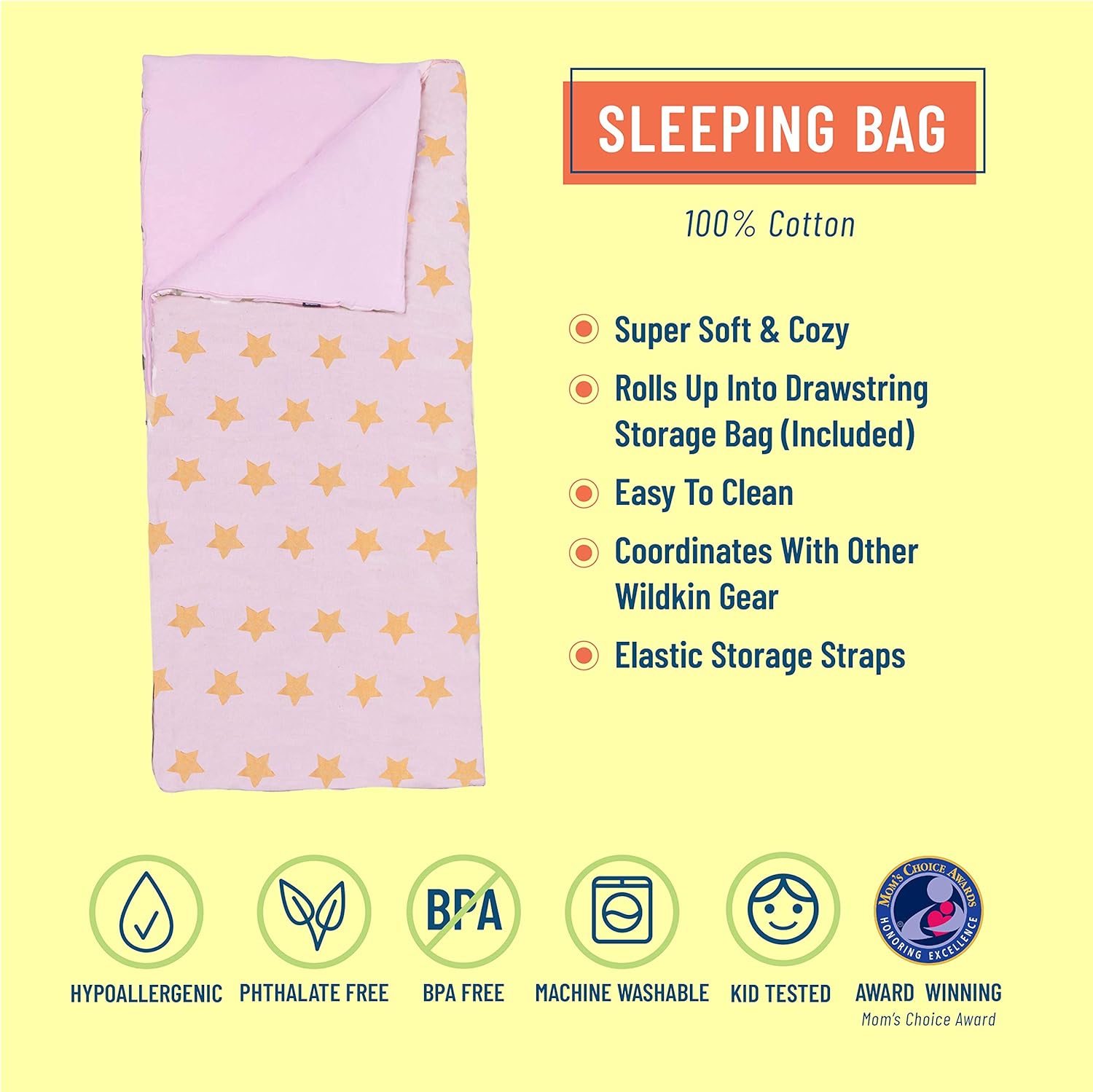 Get Special Price Wildkin Kids Sleeping Bags for Boys & Girls, Measures 66 x 30 x 1.5 Inches, Cotton Blend Materials Sleeping Bag for Kids, Ideal for Parties, Camping & Overnight Travel, BPA-free (Pink & Gold Stars)