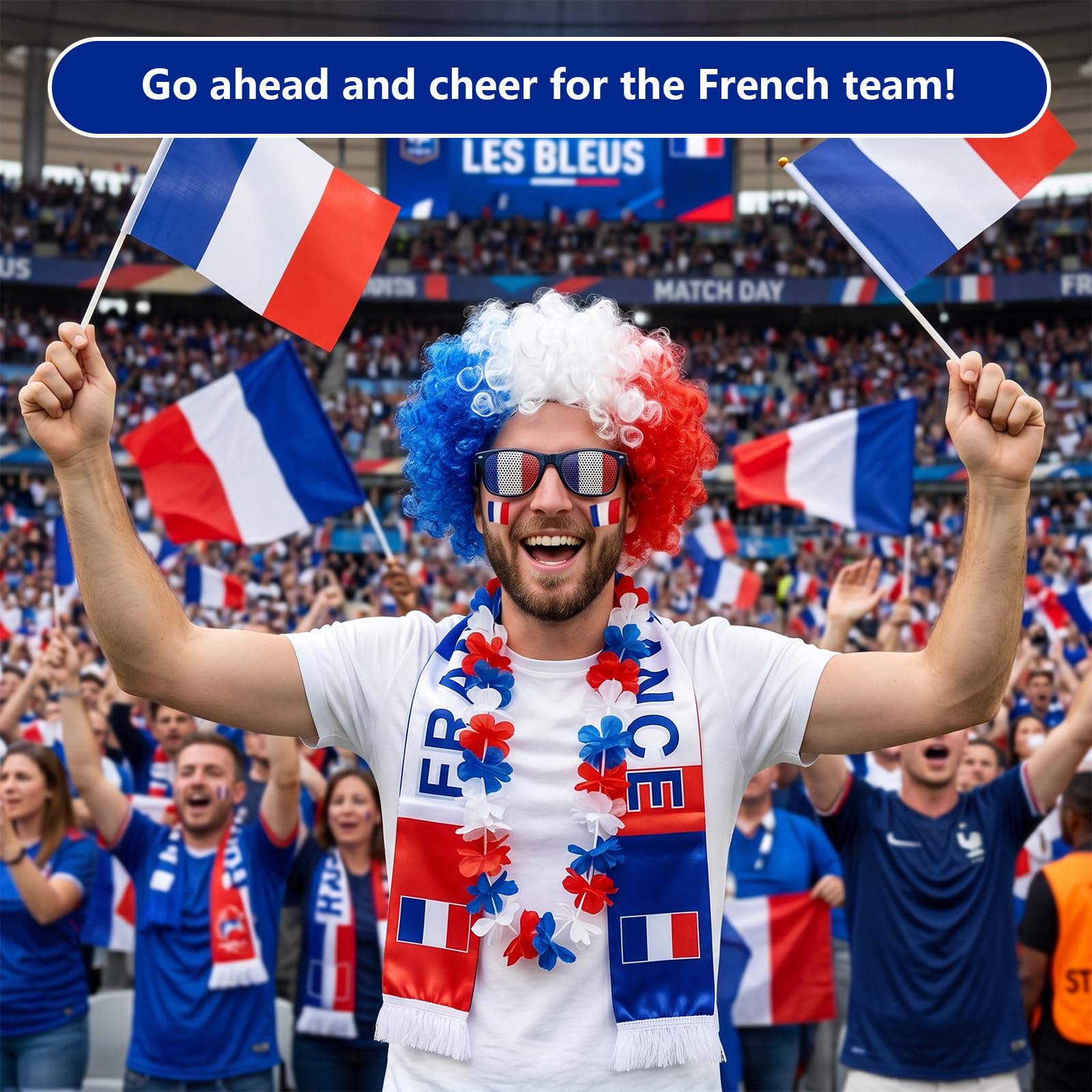 9 Pièces Kit Supporter France, Coupe du Monde 2026 Football Accessoire Bandeau Écharpe Perruque Tatouages Temporaires Lunettes Collier de Fleurs, Drapeau à Main Accessoire Supporters France