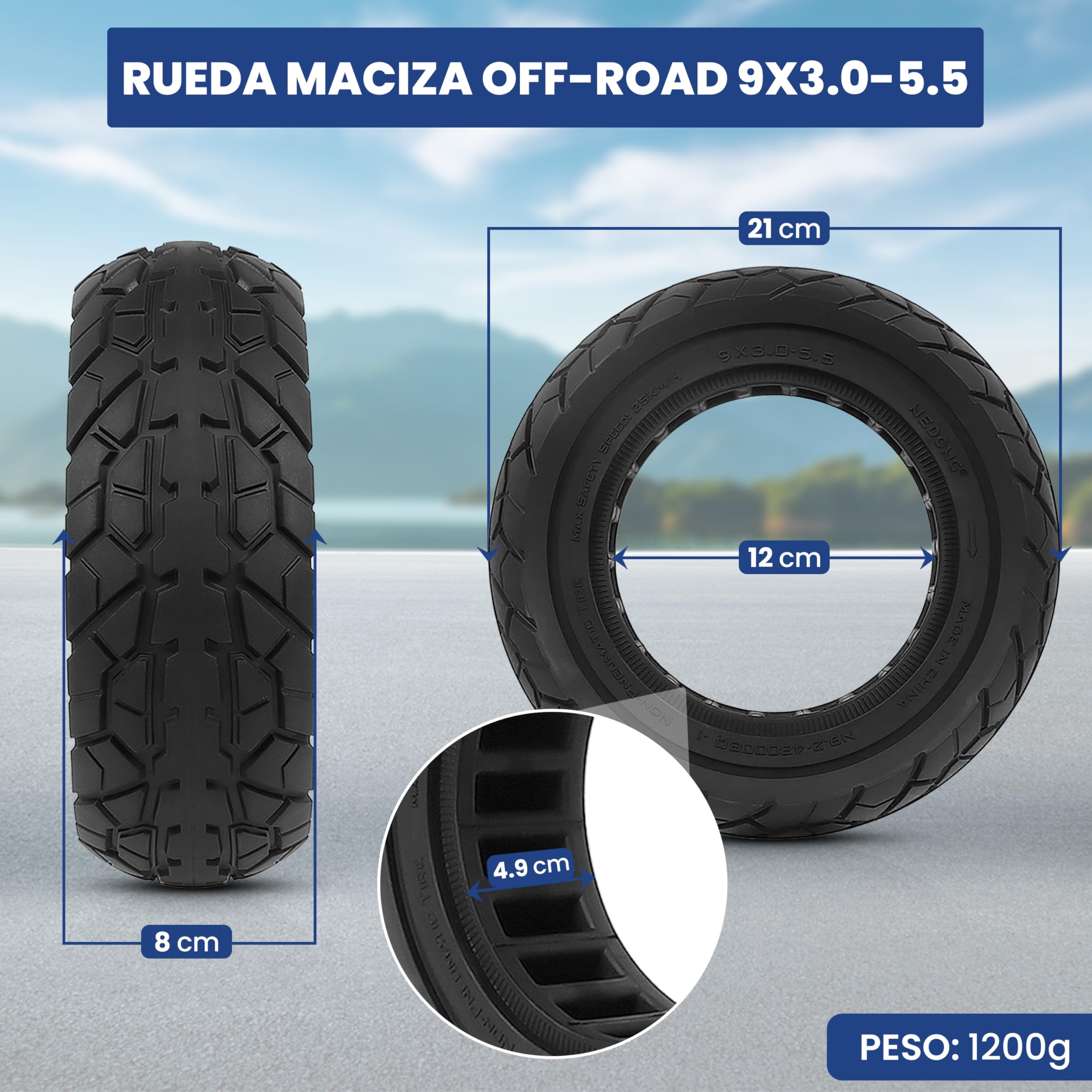 ANSENI Rueda Maciza 9X3.0-5.5 para Patinete Eléctrico Kukirin G2 Pro(Versión 2024 Posterior) Neumatico Offroad Todoterreno 9 Pulgadas,Neumáticos de Reemplazo,Rueda Repuesto Antipinchazo (1 Rueda)