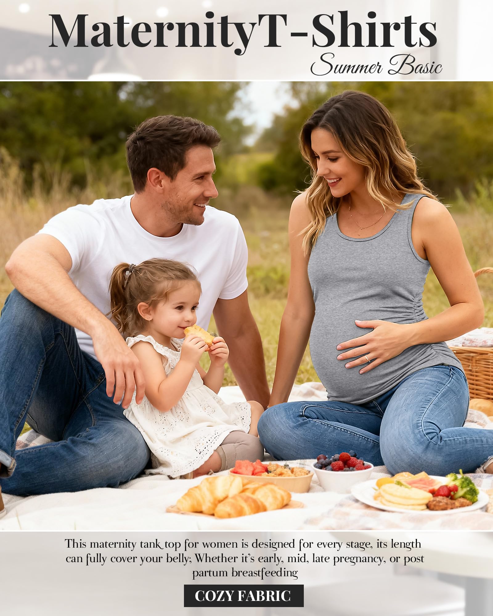 Ficerd Pack de 4 Camisetas Premamá de Tirantes Mujer sin Mangas con Fruncido Lateral Cuello Redondo Casual Verano