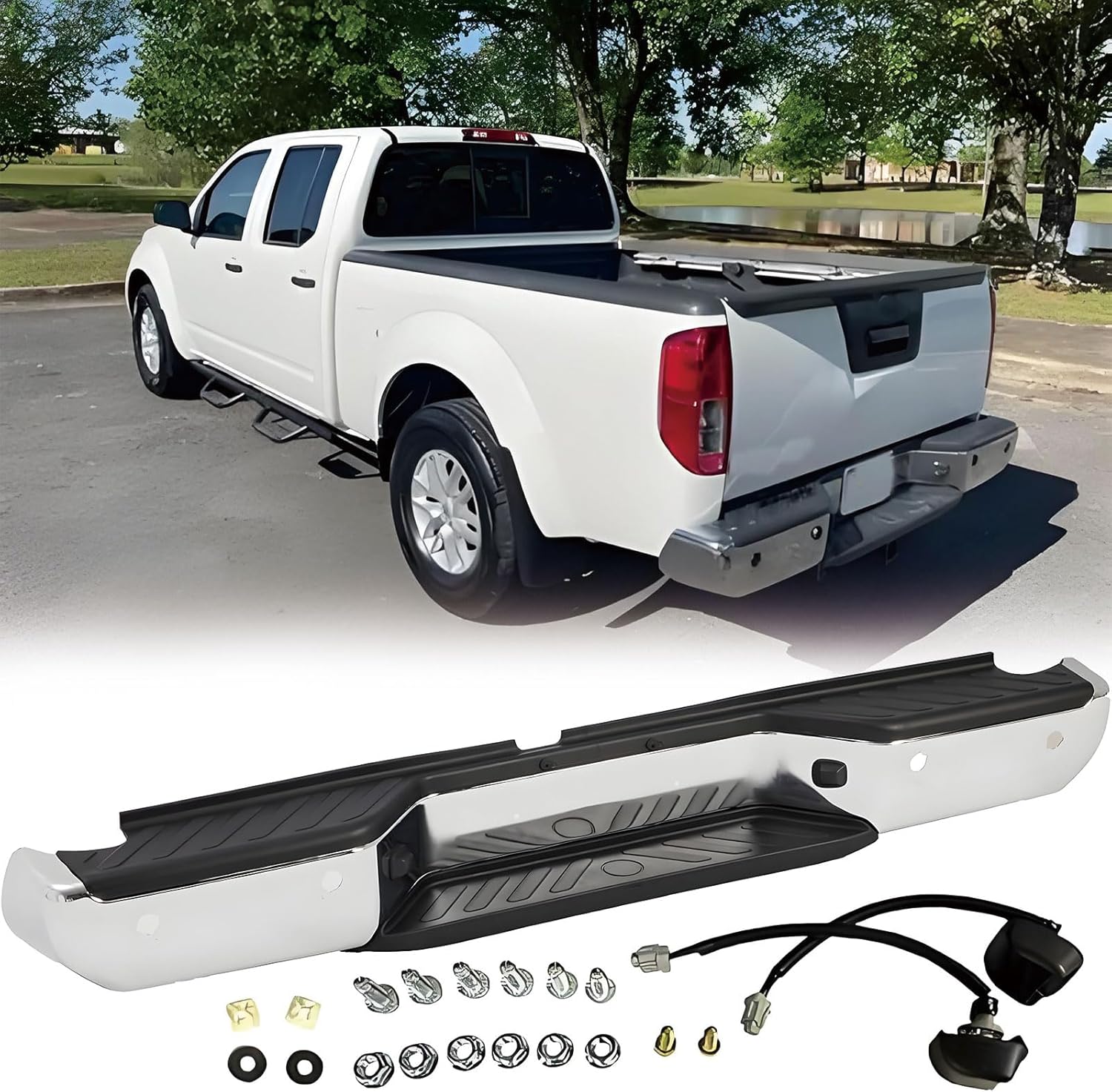 Rear Step Bumper Assembly Compatible with 2013 2014 2015 2016 2017 2018 2019 2020 2021 Nissan Frontier with Park Sensor Holes Chrome Back Bumper Replacement for NI1103127