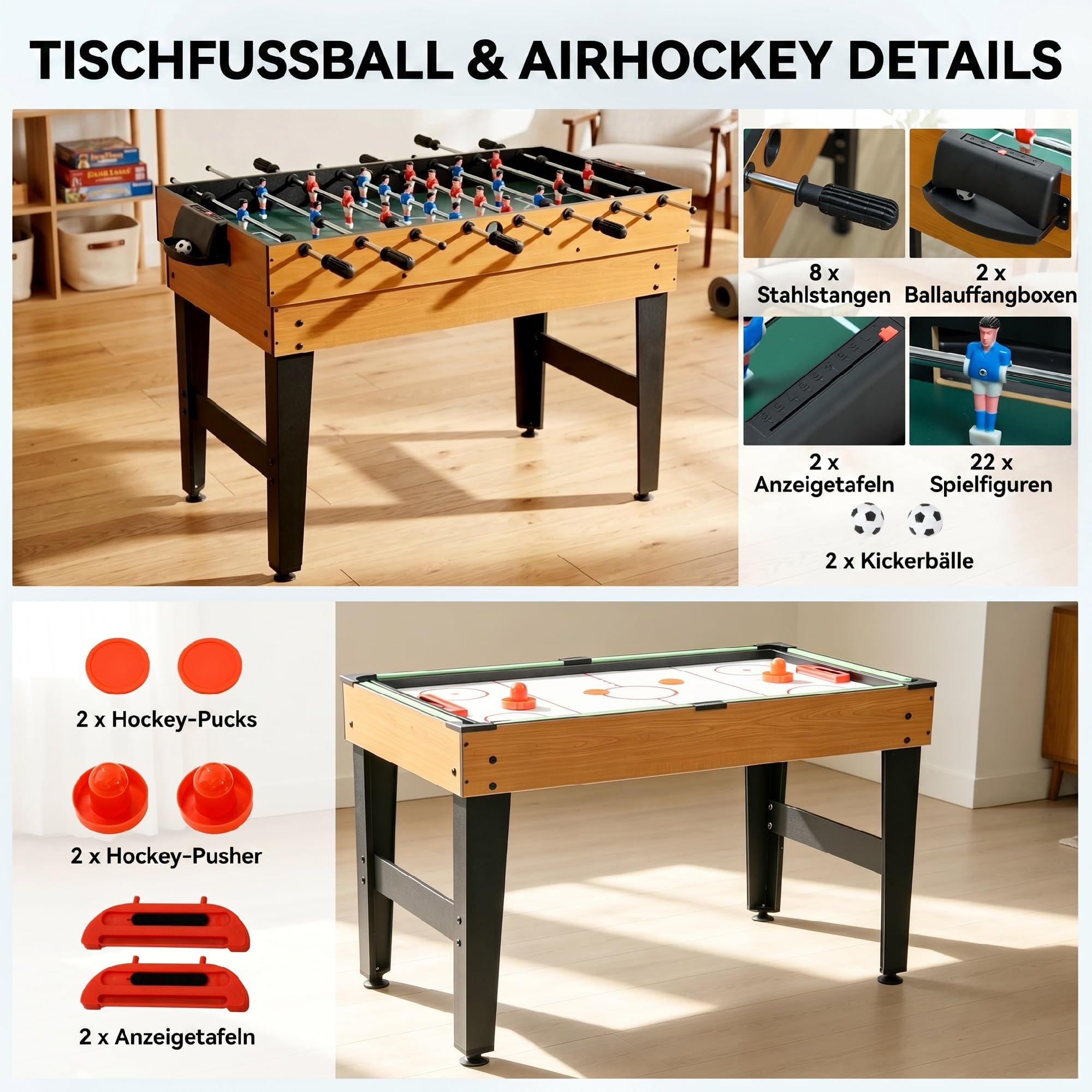HOMCOM Multi Spieltisch 4-in-1 Tisch mit Tischtennis, Billardtisch, Tischfußball und Zubehör Multifunktionstisch für Erwachsene 107 x 61 x 84,5 cm Schwarz Naturholz