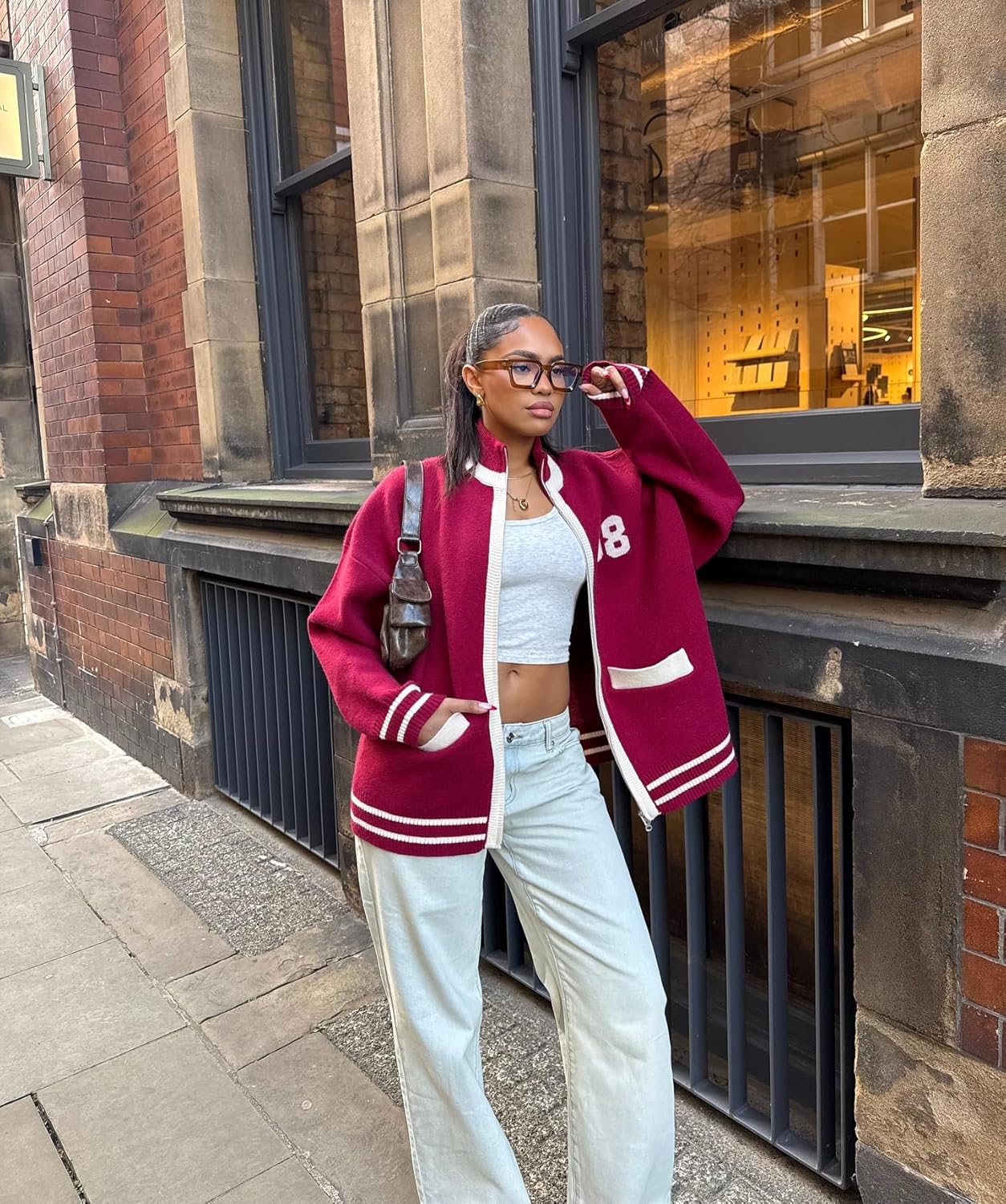 Women’s Red Bomber Jacket Lightweight Varsity Button Down College Style Short Jacket with Pockets for Fall Outfits