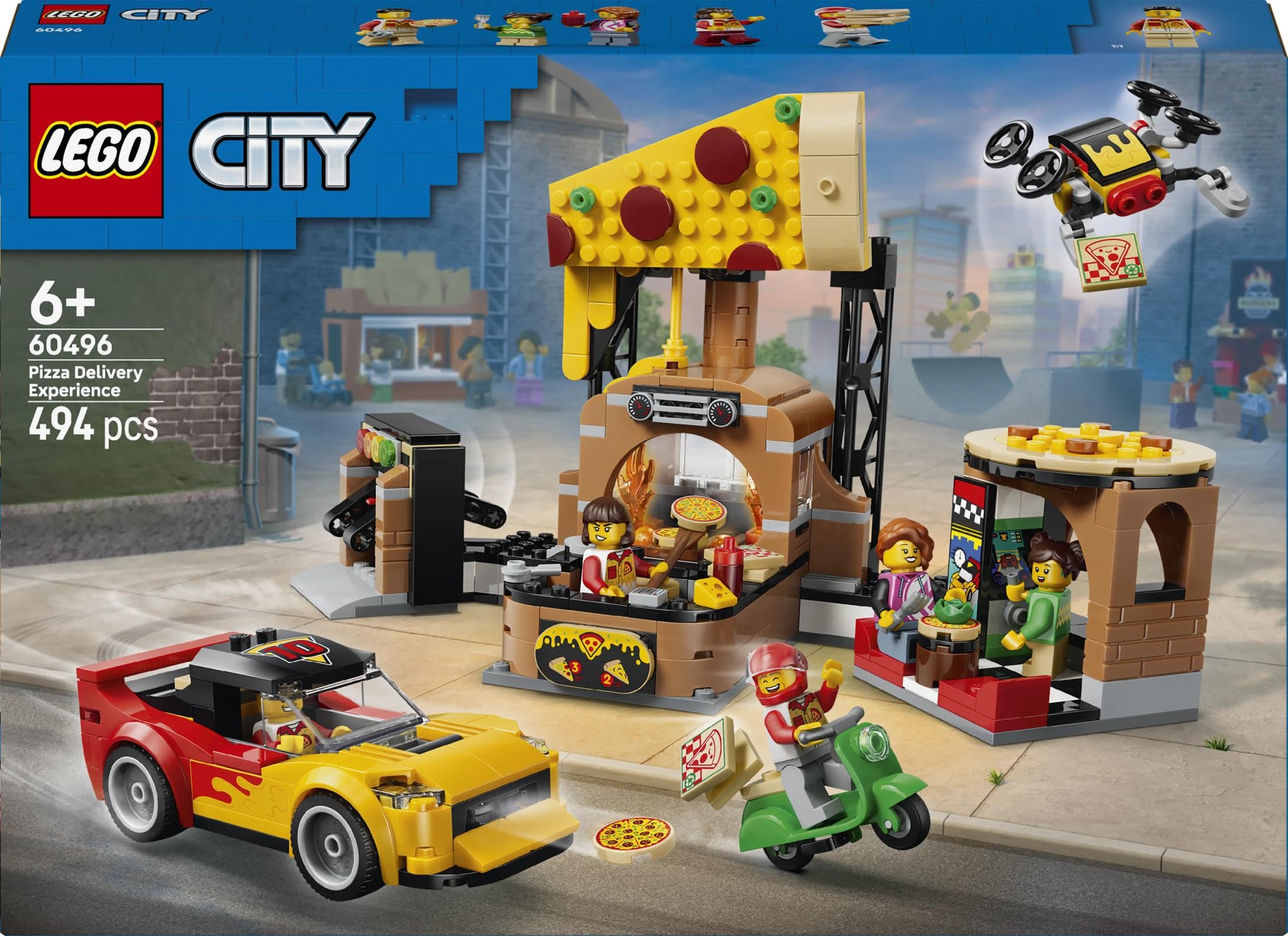 LEGO City La Pizzeria et Ses Véhicules de Livraison - Jeu de Construction - Jouet Voiture, Scooter, Drone, Borne d’Arcade & 4 Minifigurines - Idée de Cadeau d'anniversaire pour Garçon dès 6 Ans 60496