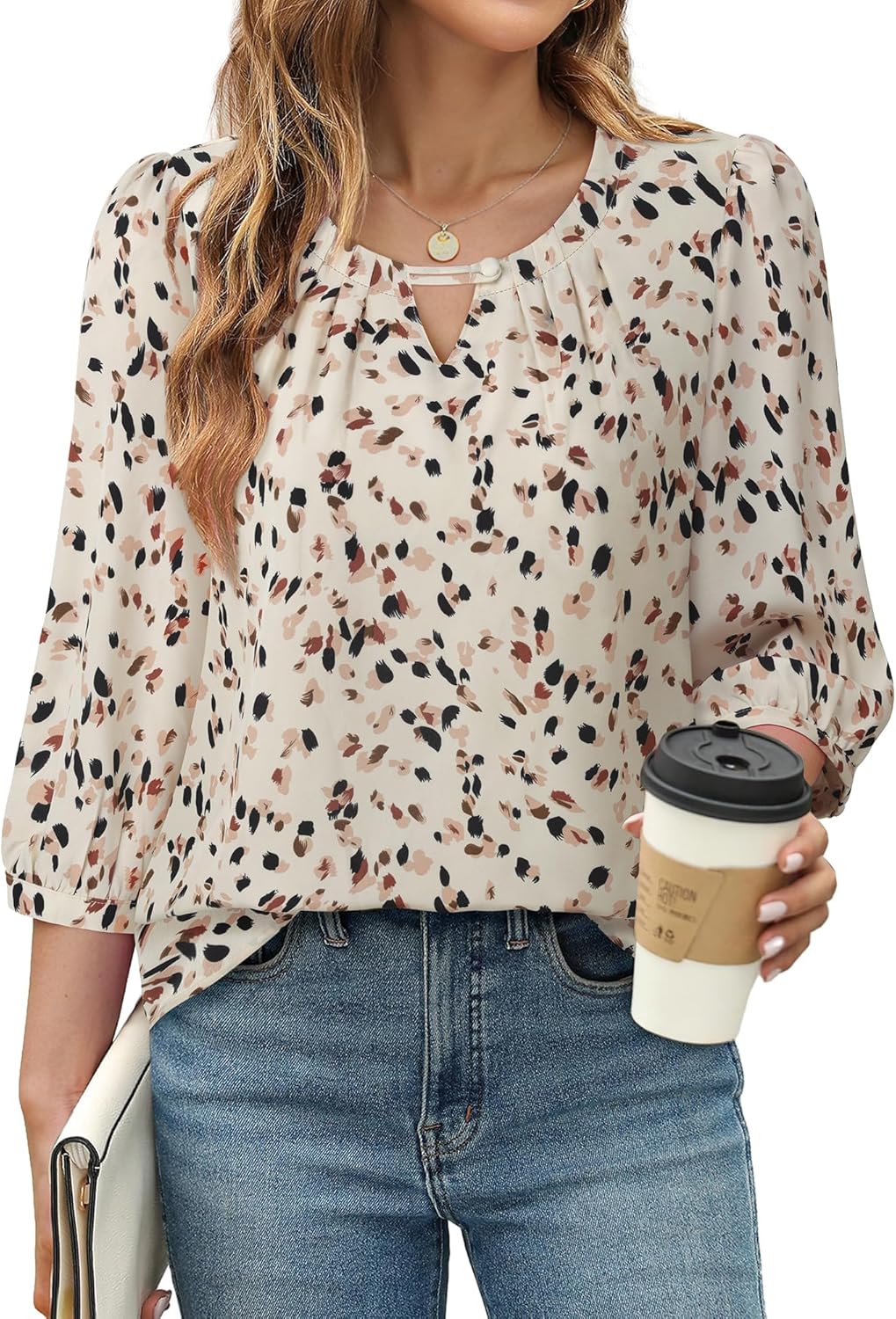 VALOLIA Women's 3/4 Sleeve Dressy Blouses Shirts Business Casual Work Chiffon Tunic Tops - Image 2