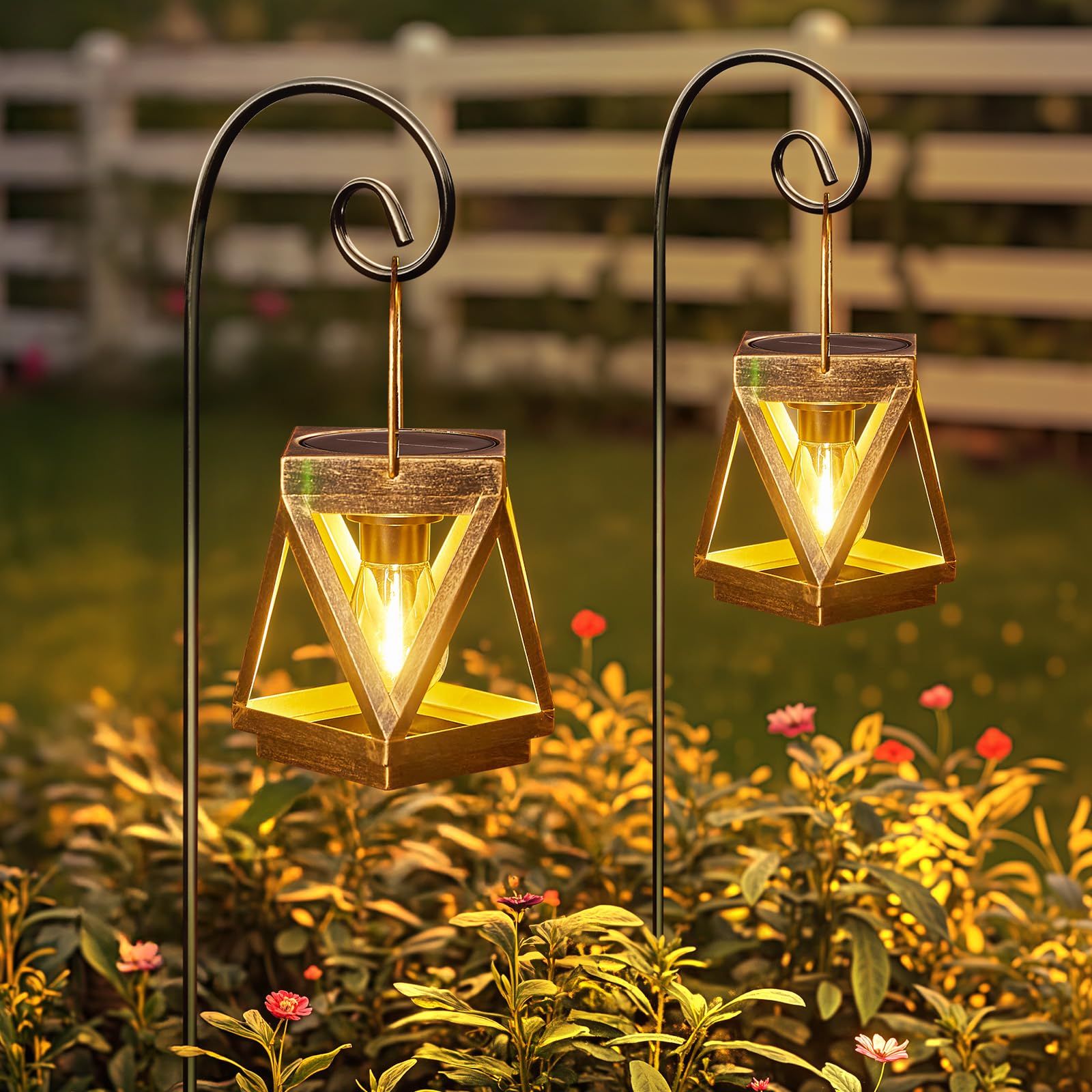 KOOPER Luci solari da giardino all'aperto, confezione da 2 lanterne solari da appendere con bulbi LED, ornamenti da giardino impermeabili, lanterne per esterni per decorazione cortile, sentiero patio