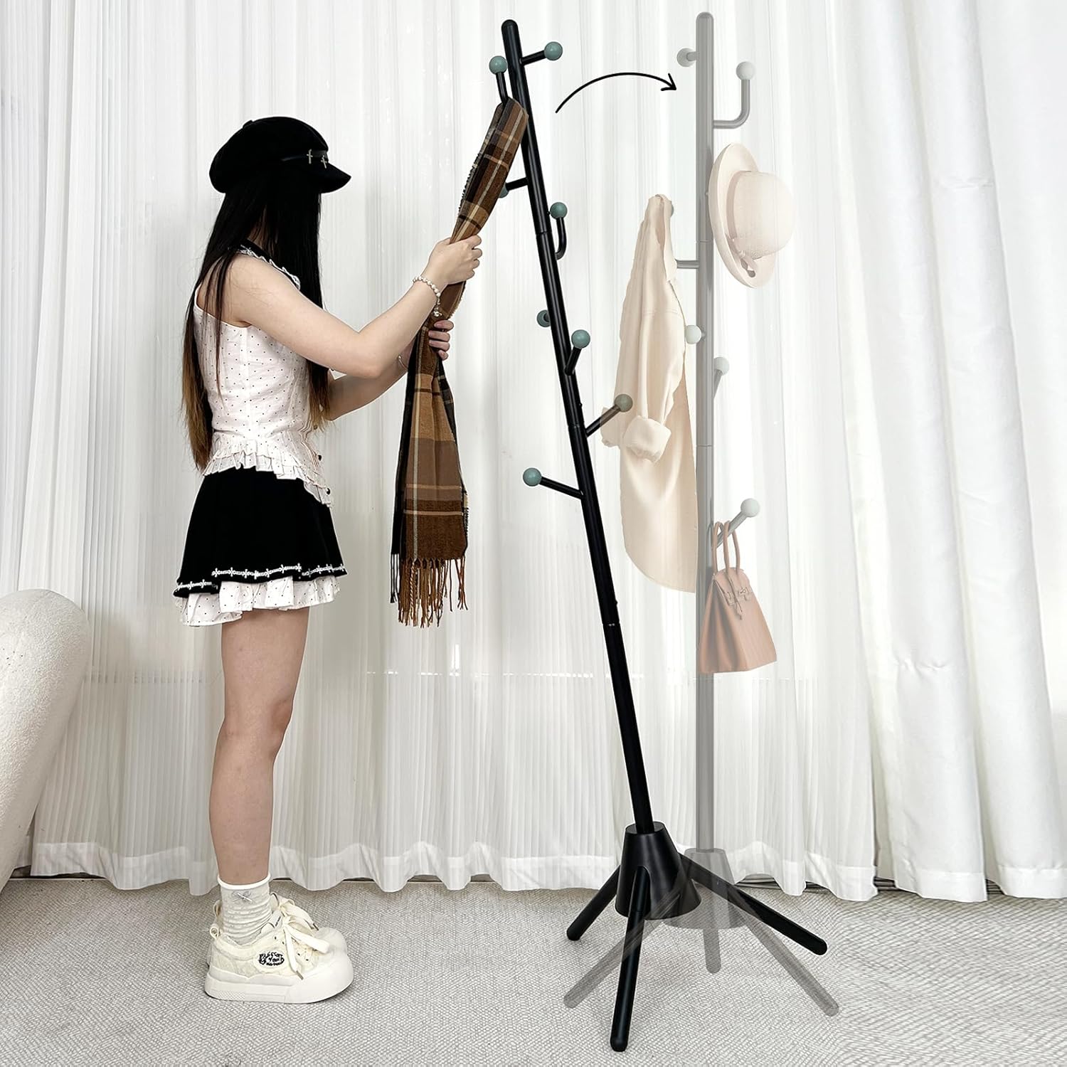 Anti-Tip Coat Rack with 8LB Weighted Base, Heavy Duty Metal Coat Rack Freestanding with 8 Hooks, 3 Adjustable Height Sturdy Clothes Rack Space Saving Organizer Stand for Entryway, Bedroom, Office