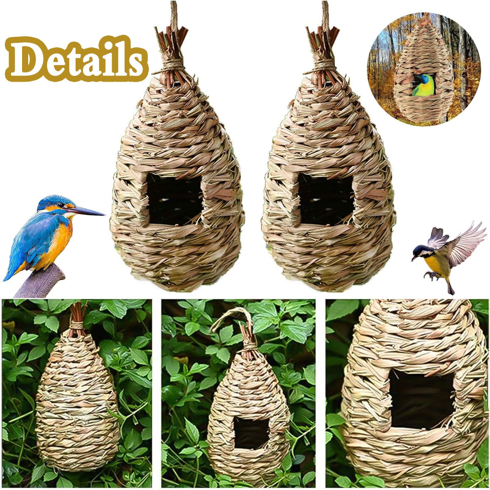 Vogelnest Gras, 2 Stück Gras Bird Nest, Vogelhäus, Handgewebte Vogelhäuser, Vogelhäus zum Aufhängen für Wellensittich Meise, Kanarienvogel, Amsel, Hummingbird, Rotkehlchen (Farbe der Stämme, A)