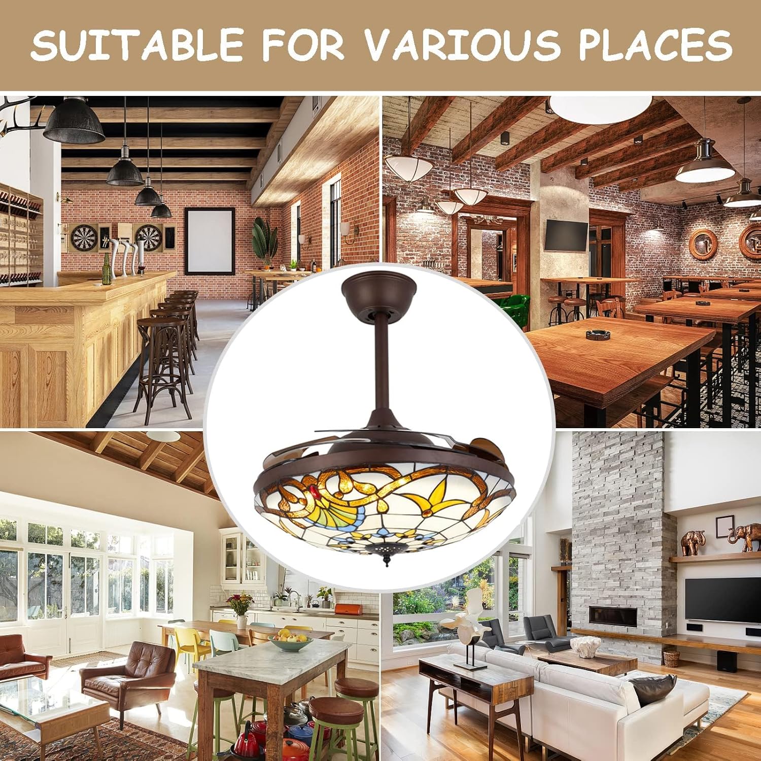 Tiffany Style 42" Retractable Ceiling Fan with Lights and Remote