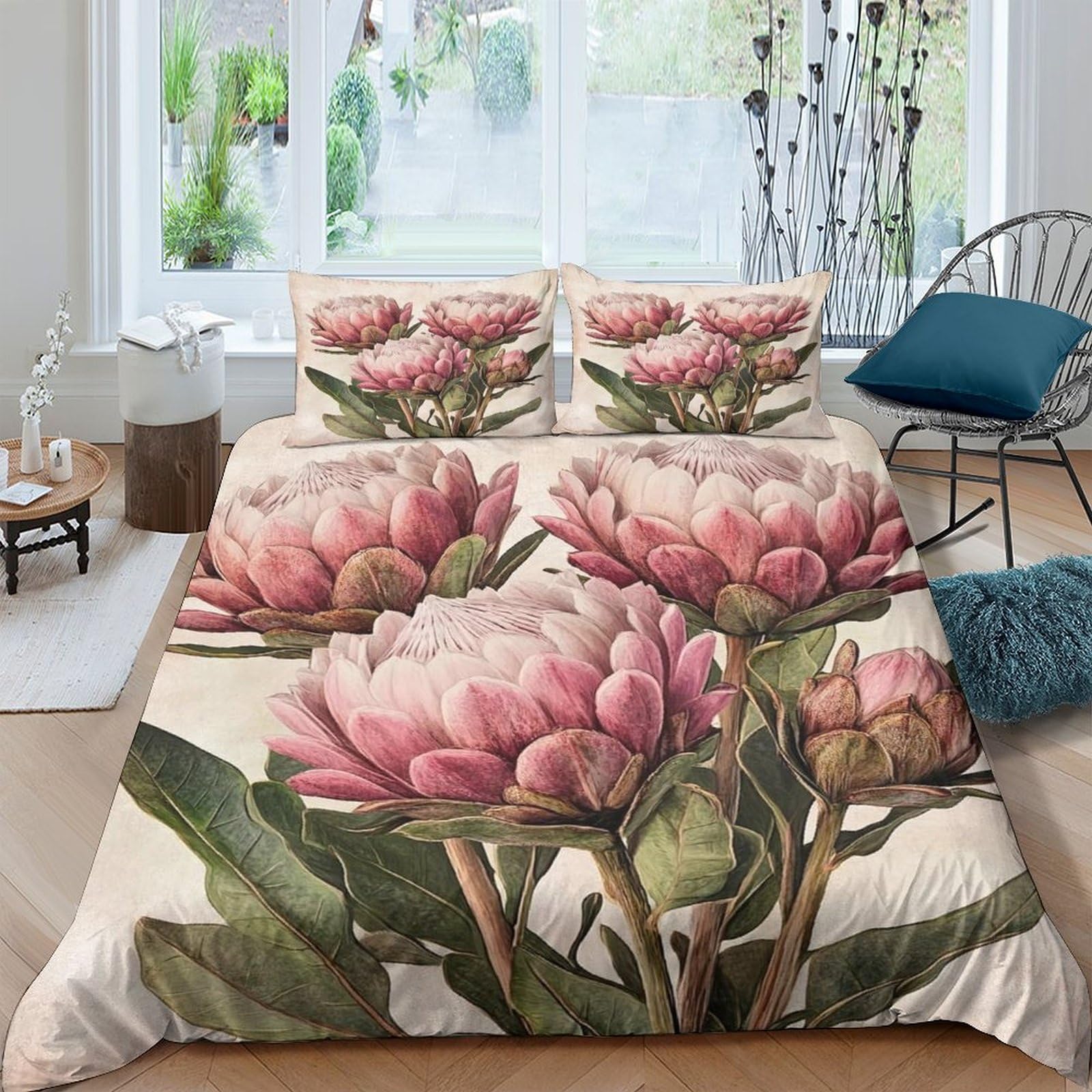 XGASVBKWA 3D Printed Comfortable Microfiber Pink protea flowers Comforter Cover All Season Bedding Sets with Pillow Shams Botanical illust Quilt Cover Easy Care for Teens Adults King（220x240cm）