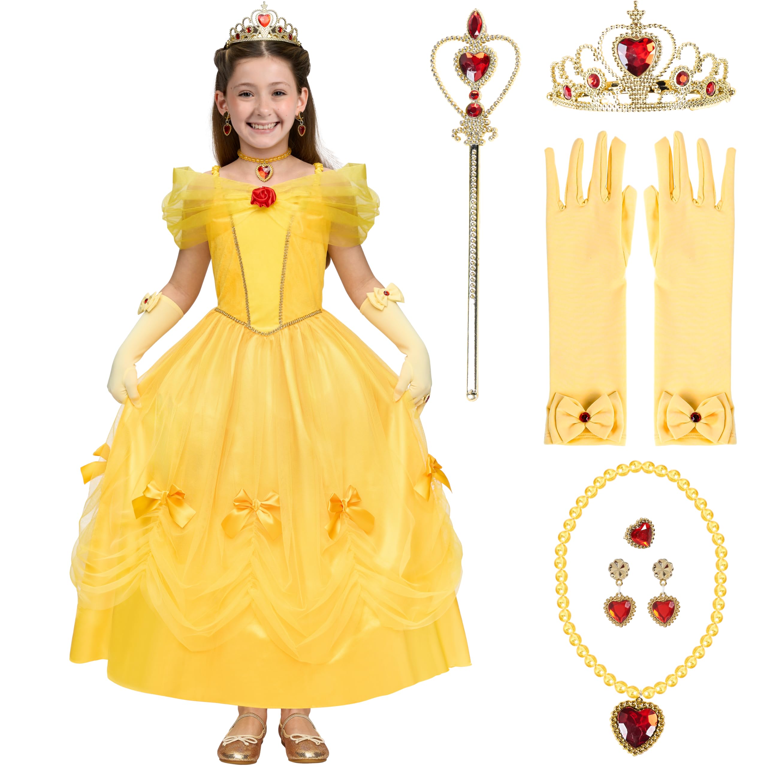 Spooktacular Creations Halloween Kids Yellow Princess Costume, Princess Corwn Dress Up Set for Girl, Off Shoulder Dress for Toddler Halloween, Birthday, Cosplay Party (Small, 5-7 yrs)