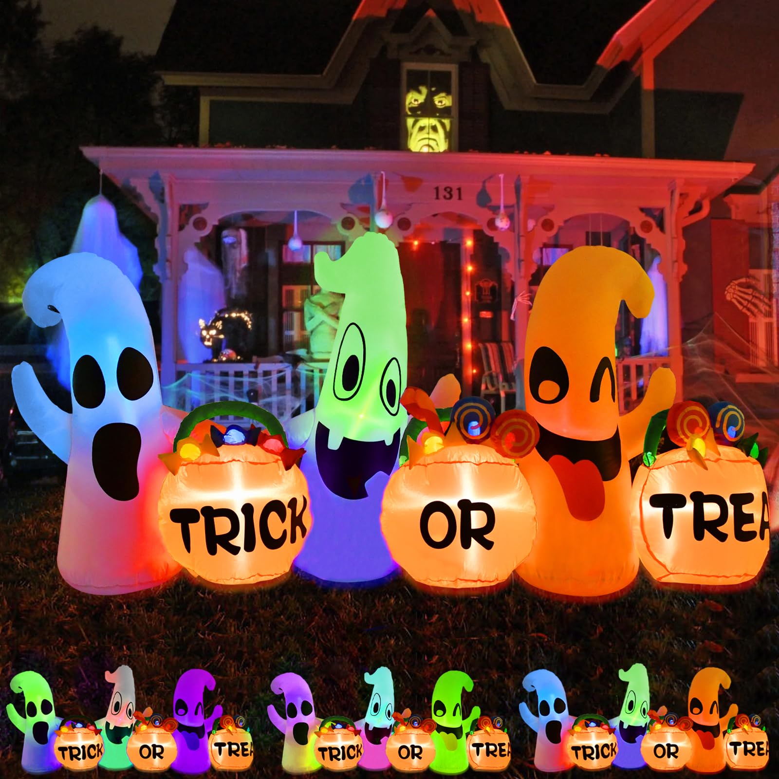[3 Colors Changing Light] Beinhome 8FT Halloween Inflatable - Three Ghosts with Pumpkin Candy Bag Outdoor Decoration with Built-in LED Lights - Blow Up Inflatable Halloween Decor for Yard Party Garden