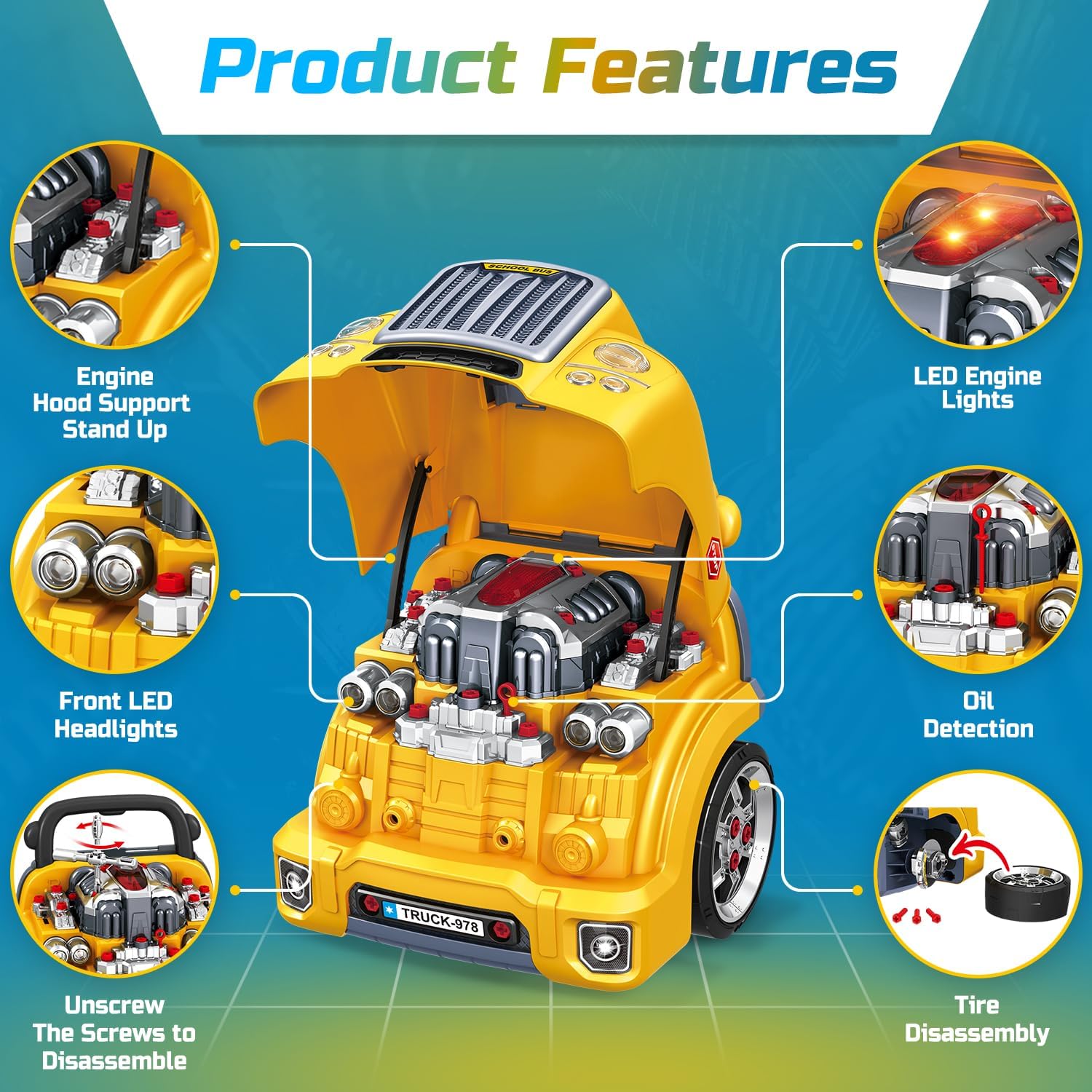 MOBIUS Toys Motor Engine Playset - Large Truck Mechanic Build & Repair Toy with Lights, Sounds & Tools - Educational Take Apart Engine Model for Kids Ages 3-7 - STEM Learning Gift, Yellow Edition