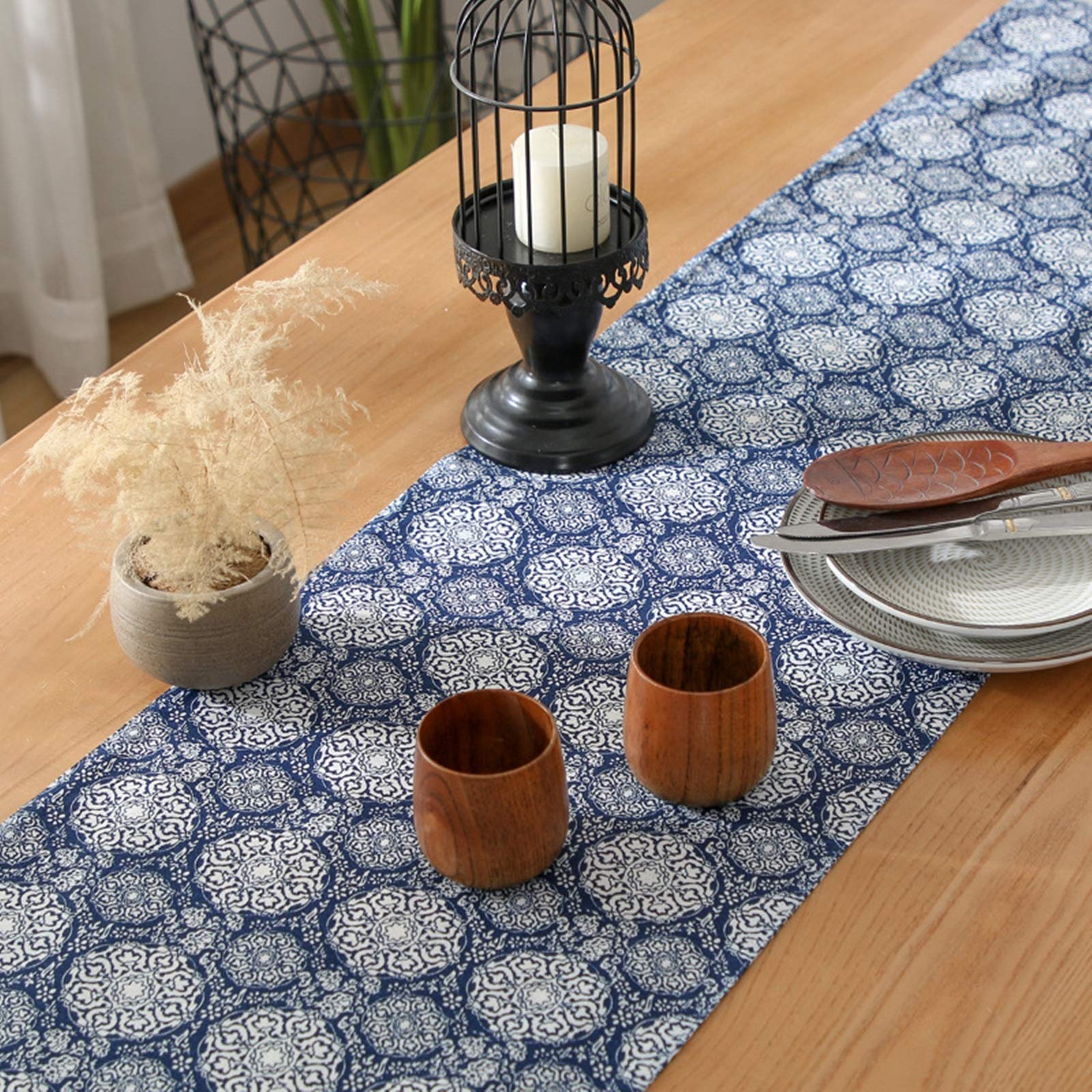 Tischläufer Baumwolle Wohnzimmer, Tischläufer Hochzeit 33x200 cm, Marineblau mit Geometrische Muster