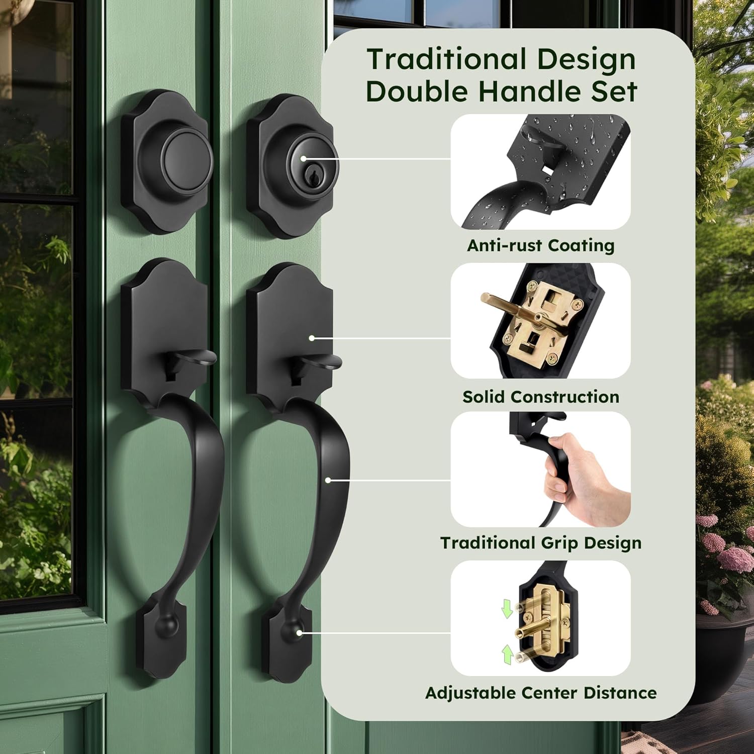 Moquin Double Door Handle Set for Front Door, Classic Double Front Door Lock Set with Dummy, Reversible Handle Lever for Entrance Exterior Doors, Matte Black