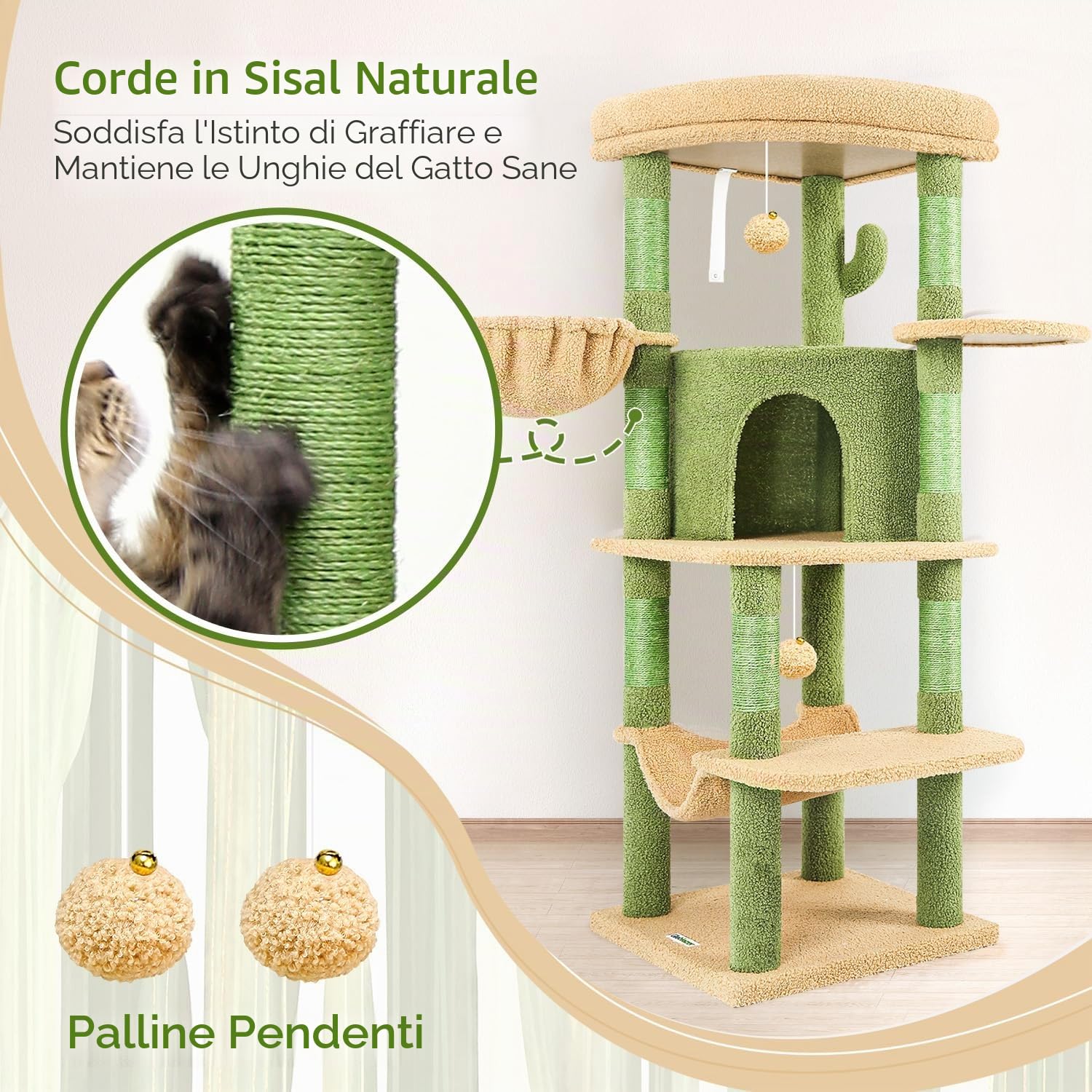 Globlazer Albero Tiragraffi ad Angolo Cactus Verde, Tiragraffi per Gatti Spigolo Alto 130 cm con Grandi Piattaforma, Curva Grotte, Amaca, Cesto, Torre per Gatto per 2-4 Gatti Adulti (C51, Verde)