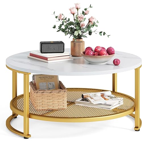 LINSY HOME Round Coffee Table for Living Room, Modern Coffee Table with Open Storage，Wood Surface Top & Sturdy Metal Legs Large Circle Coffee Table for Stylish Design Home，White and Gold