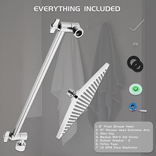 Miniatura 8 de Cabezal de ducha de lluvia de 8 pulgadas con brazo de extensión de 15 pulgadas, cabezal de ducha cuadrado fijo de superficie de lluvia grande, brazo