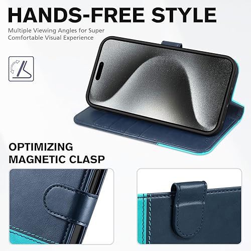 Miniatura 4 de TUCCH Funda tipo cartera para iPhone 15 Pro, función atril bloqueo RFID 4 ranuras para tarjetas Funda protectora interior de TPU, funda magnética de