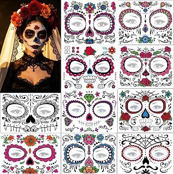 Day of the Dead Face Tattoos 10 Sheets Halloween Temporary Face Tattoos Sugar Skull Dia de Los Muertos Face Tattoo for Adult Halloween Party