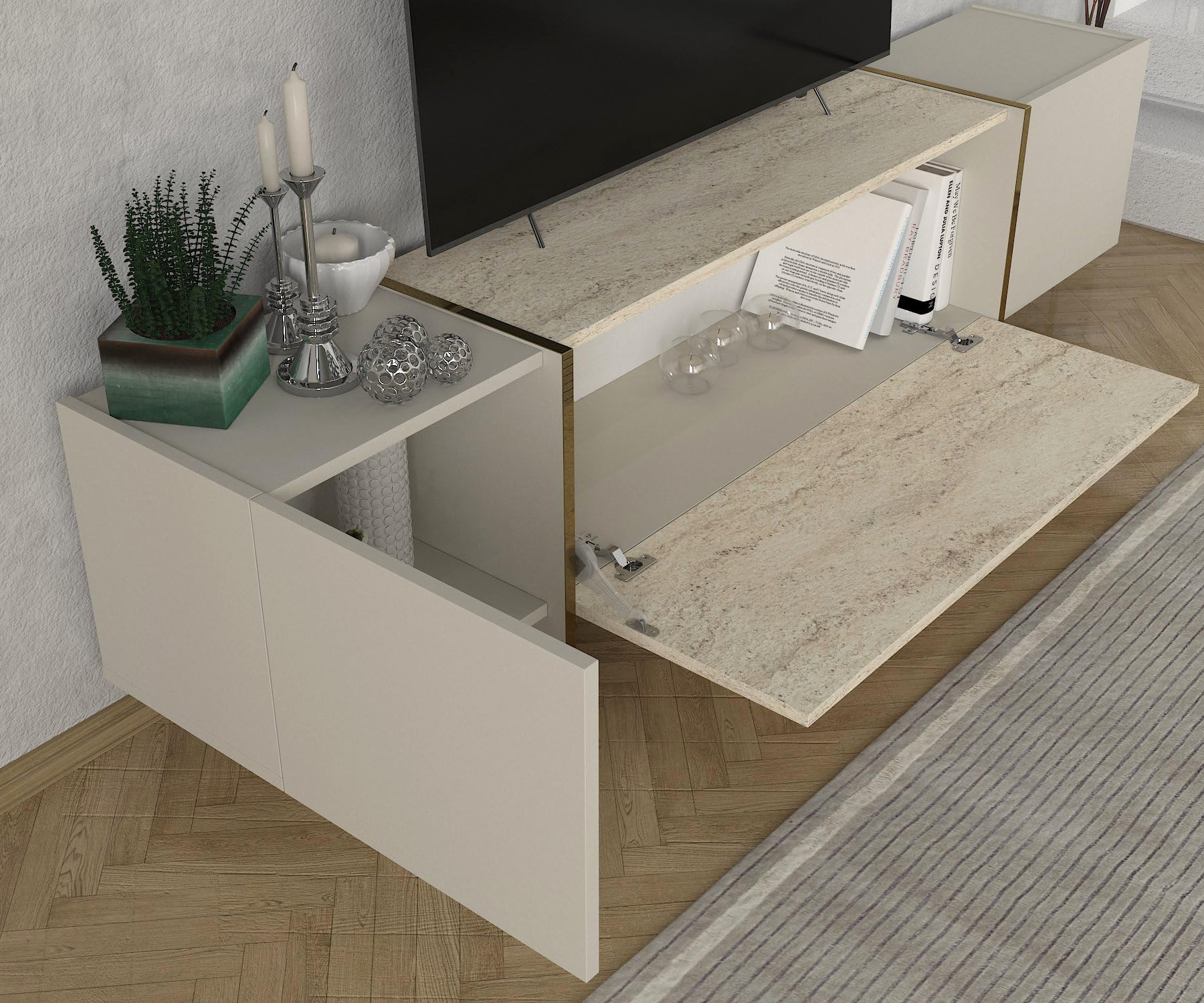 moebel17 Wohnwand Braun Dunkelgrau,Moderne Anbauwand Holz, TV Lowboard Marmor Optik, Mediawand mit Hängeregal, 4 Türen, viel Stauraum, glänzend, 180 x 45 x 32 cm, 2574