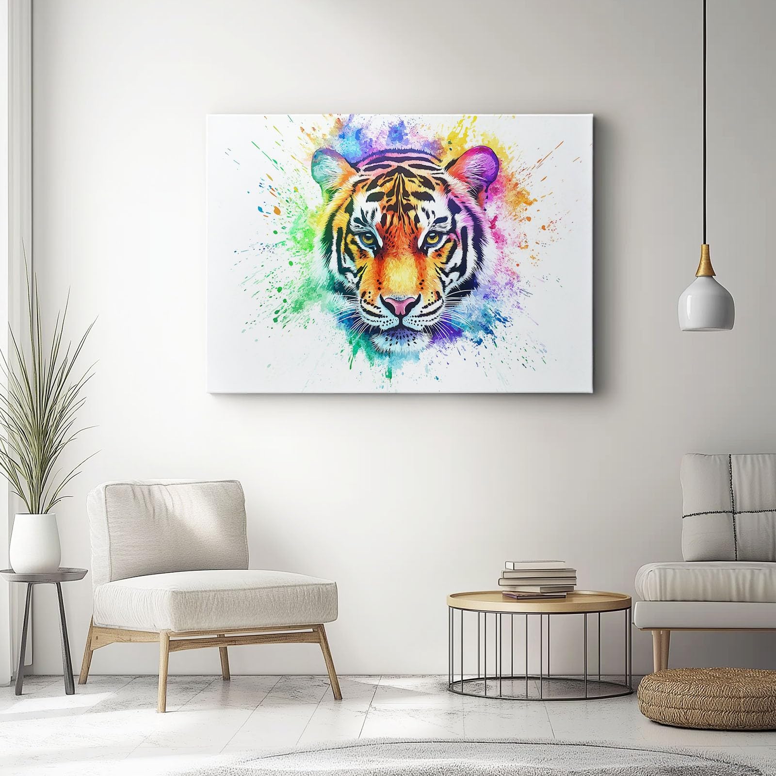 Cuadro Sobre Lienzo Arte Tigre Acuarela Cuadros Modernos Para Salón Sobre Lienzo, 80L X 40An Cm Impresiones Sobre Lienzo Amarillo Azul Imagen De Pared Decoración Para El Hogar, Sin Marco