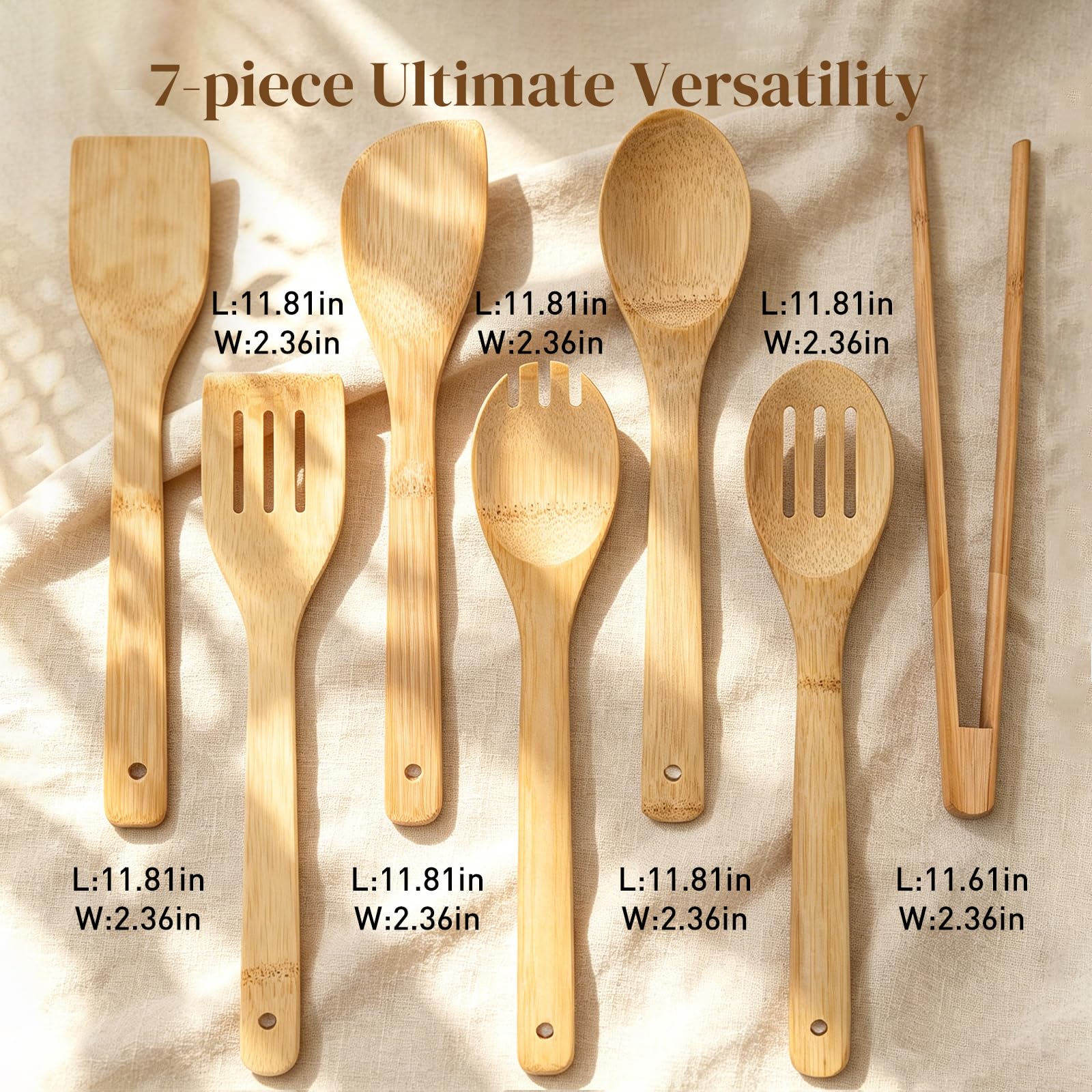 HANSGO Cucharas de madera para cocinar, 7 utensilios de cocina de bambú, juego de utensilios de madera para agitar, mezclar, servir, antiadherentes, saludables