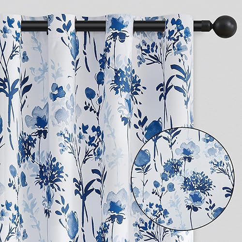 Cortinas opacas con flores de 63 pulgadas de largo, color azul mixto, oscurecimiento de la habitación, paneles de cortina para dormitorio, ahorro de