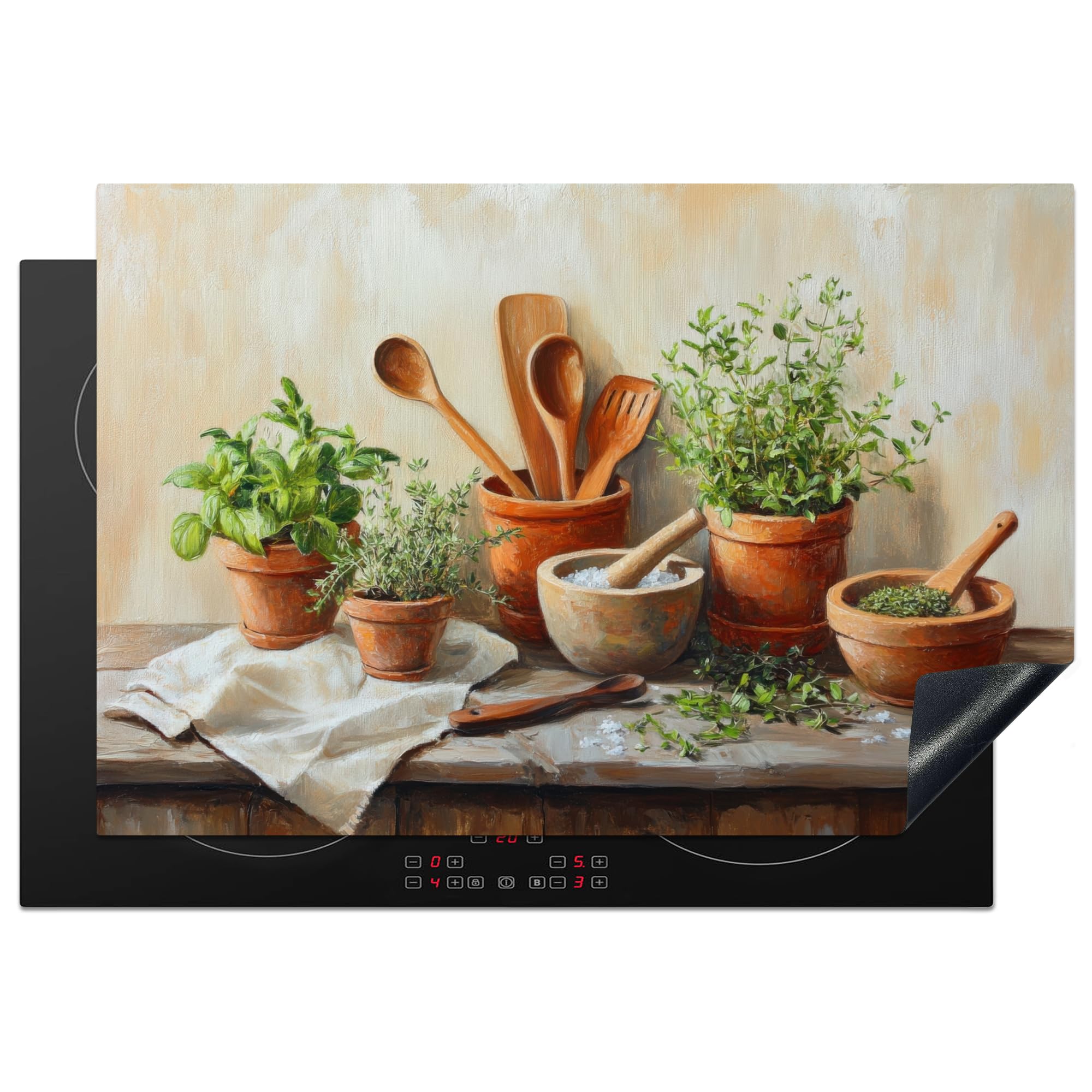 KitchenYeah© Induction Hob Protector Mat 20.1"x30.3" / 77x51 cm Cooker Top Protectors Cover Ceramic Covers Electric Hobs Vinyl Pots - Herbs - Wood