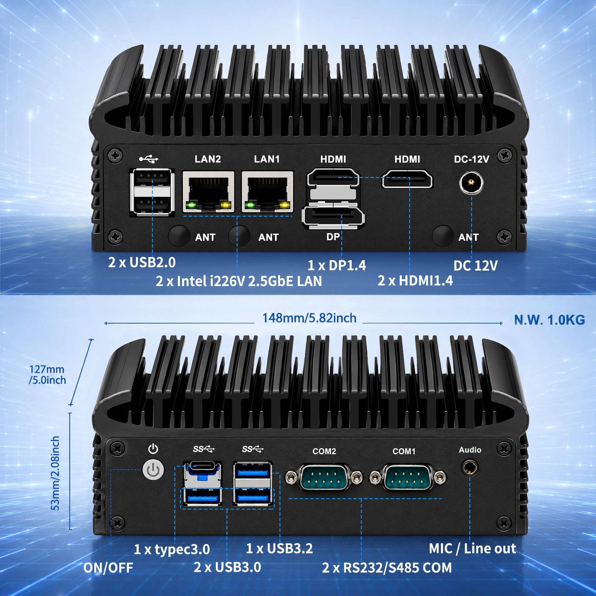 CWWK Mini PC Fanless Industrial N100, Dual 2.5 GbE i226-V, 2X RS232/RS485 COM, Micro Embedded Mini Computer Box, 8GB RAM 256GB M.2 NVMe SSD, Support SIM, E-Key, 2HD, DP, USB-C