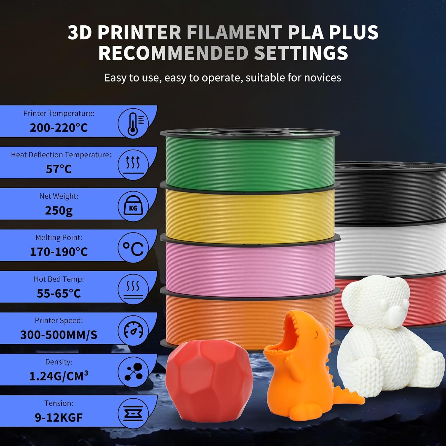 8 Color Bundle Elite PLA+ 3D Printer Filament, Multicolor PLA+ 1.75mm, Individually Vacuum Packed, 0.25kg Spool, 8 Pack (Black+Cream White+Grey+Orange Yellow+Red+Dark Blue+Green+Iris Purple)