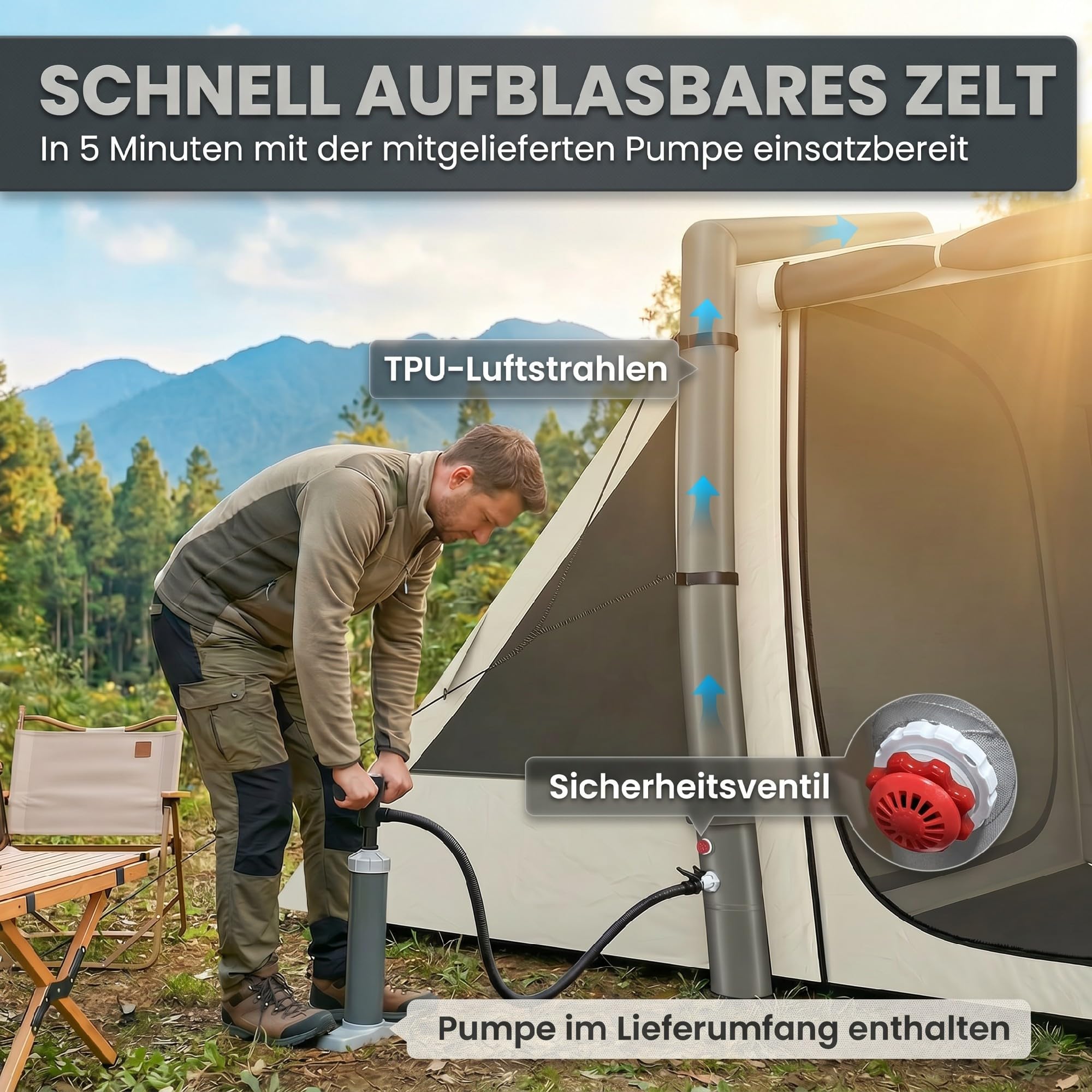 Outsunny Aufblasbares Zelt für 4 Personen mit schnellem Aufbau, verdunkelnd, Camping Zelt mit 2 Schlafzimmern, Vorraum, Fluoreszierende Fenster, Bodenplane und Heringen, wasserdicht Air Glamping Zelt