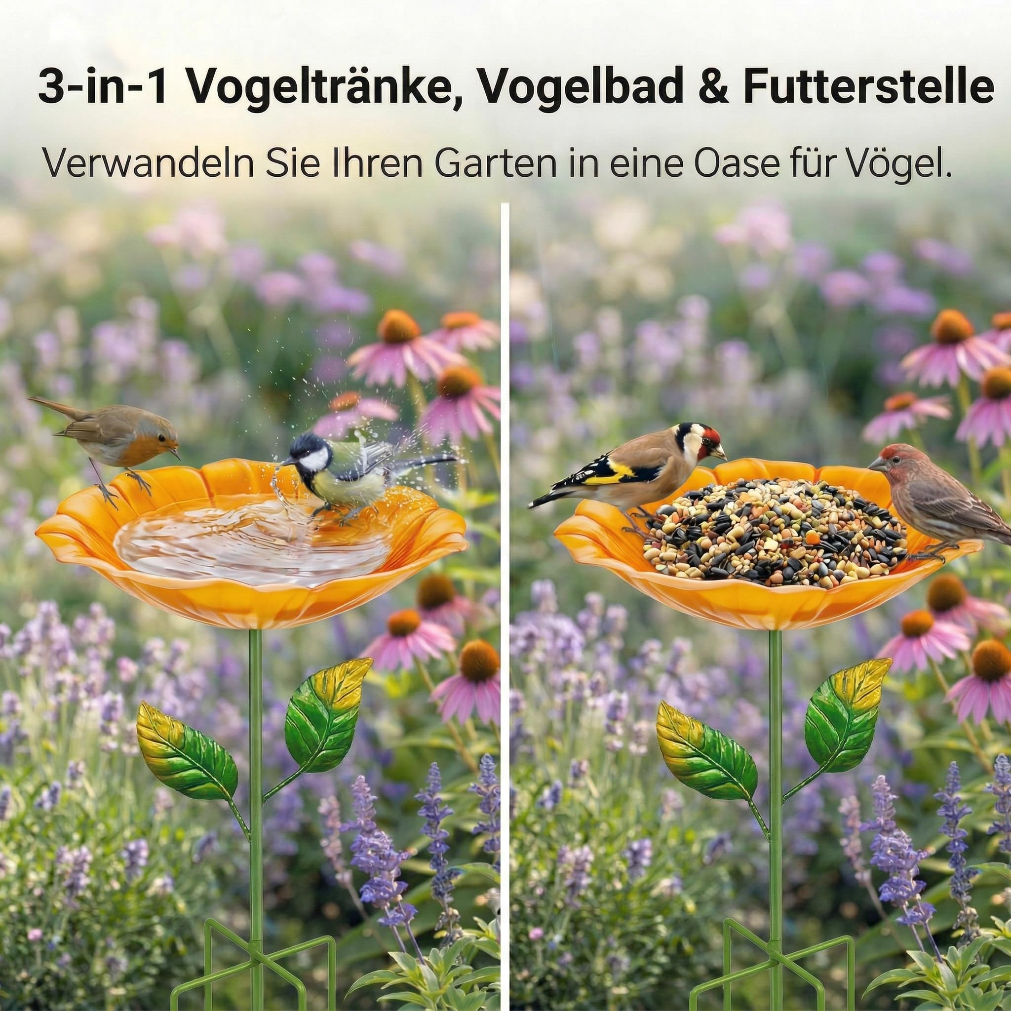 2er Set Metall-Vogeltränke stehend für Garten, Vogelbad Vogelbecken Futterschale Schüssel Wildvogeltränke Wassertränke Vogelfutterspender Abnehmbar frostfest für Hof (Blume B-Gelb & Pink)