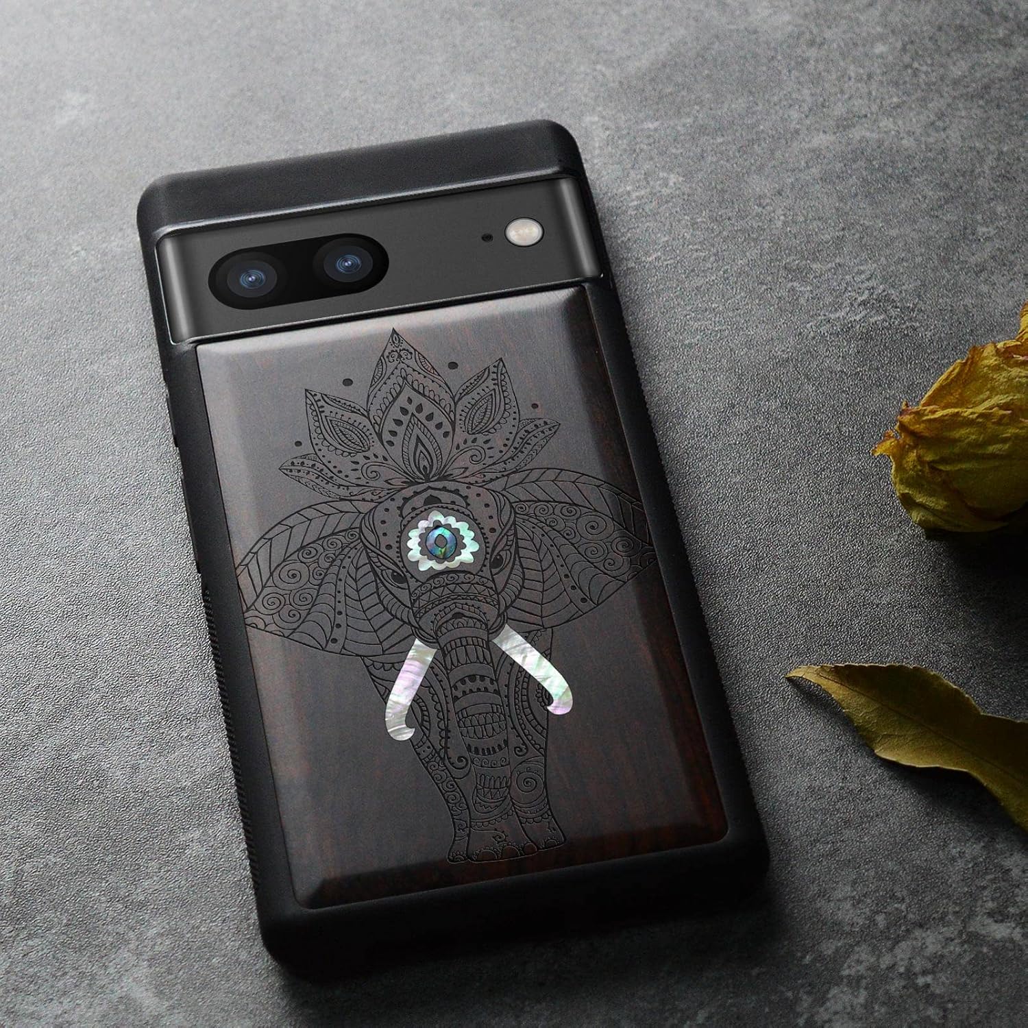 Carveit Designer Wooden Case for Google Pixel 7 Case Protective Cover [Wood Engraving & Shell Inlay] Unique Wood Cover Compatible with Wireless Chargers Pixel 7 (Elephant-Blackwood)