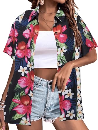 Women Hawaiian Shirt Summer Soft Hawaii Tropical Shirts - Floral Beach Button Up Short Sleeve Top
