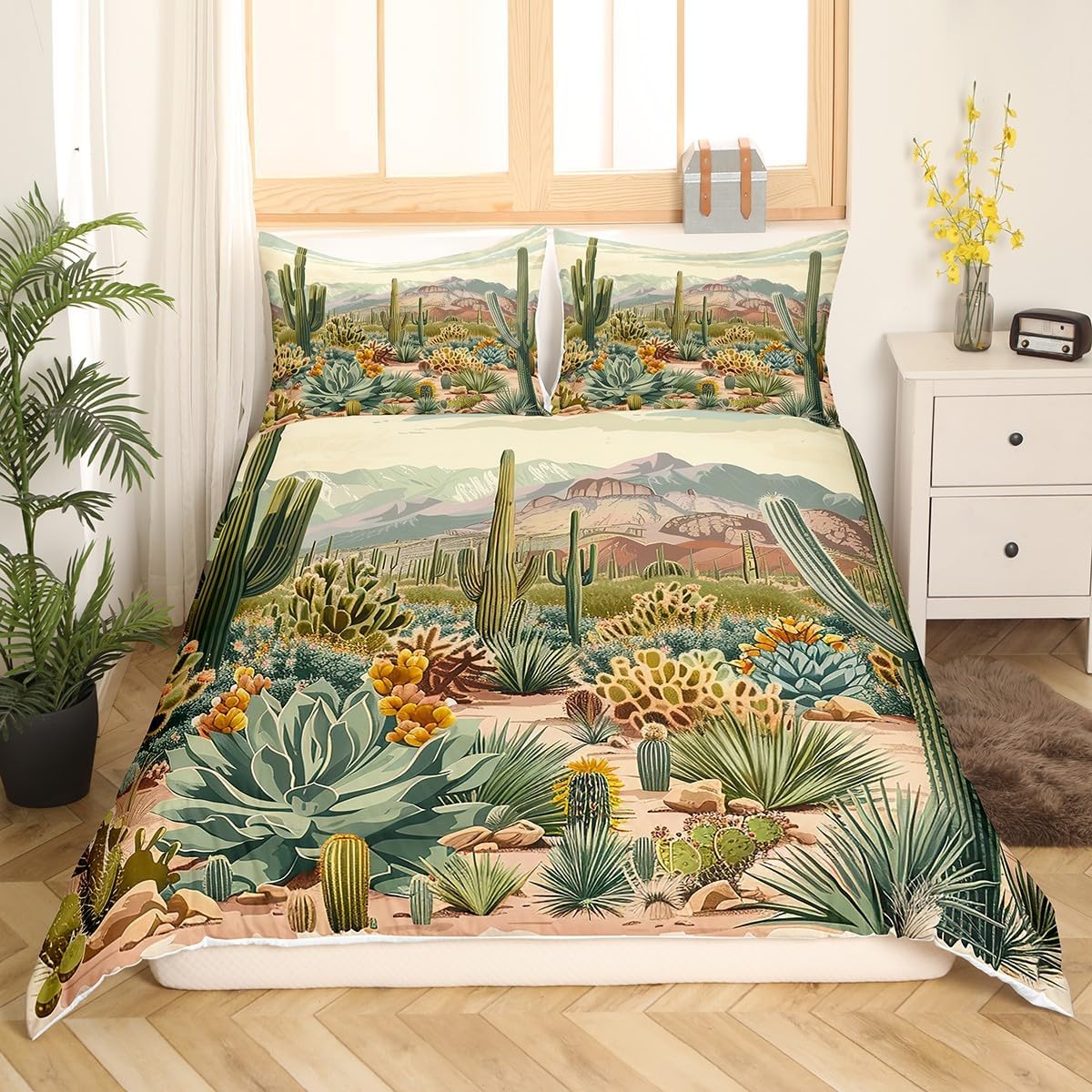 Tropical Cactus Duvet Cover Set Queen Size,Western Desert Retro Bedding Set,Boys Girls Room Decor,Botanical Plants Rustic Nature Comforter Cover,Green Brown Quilt Cover,2 Pillowcases(No Comforter)