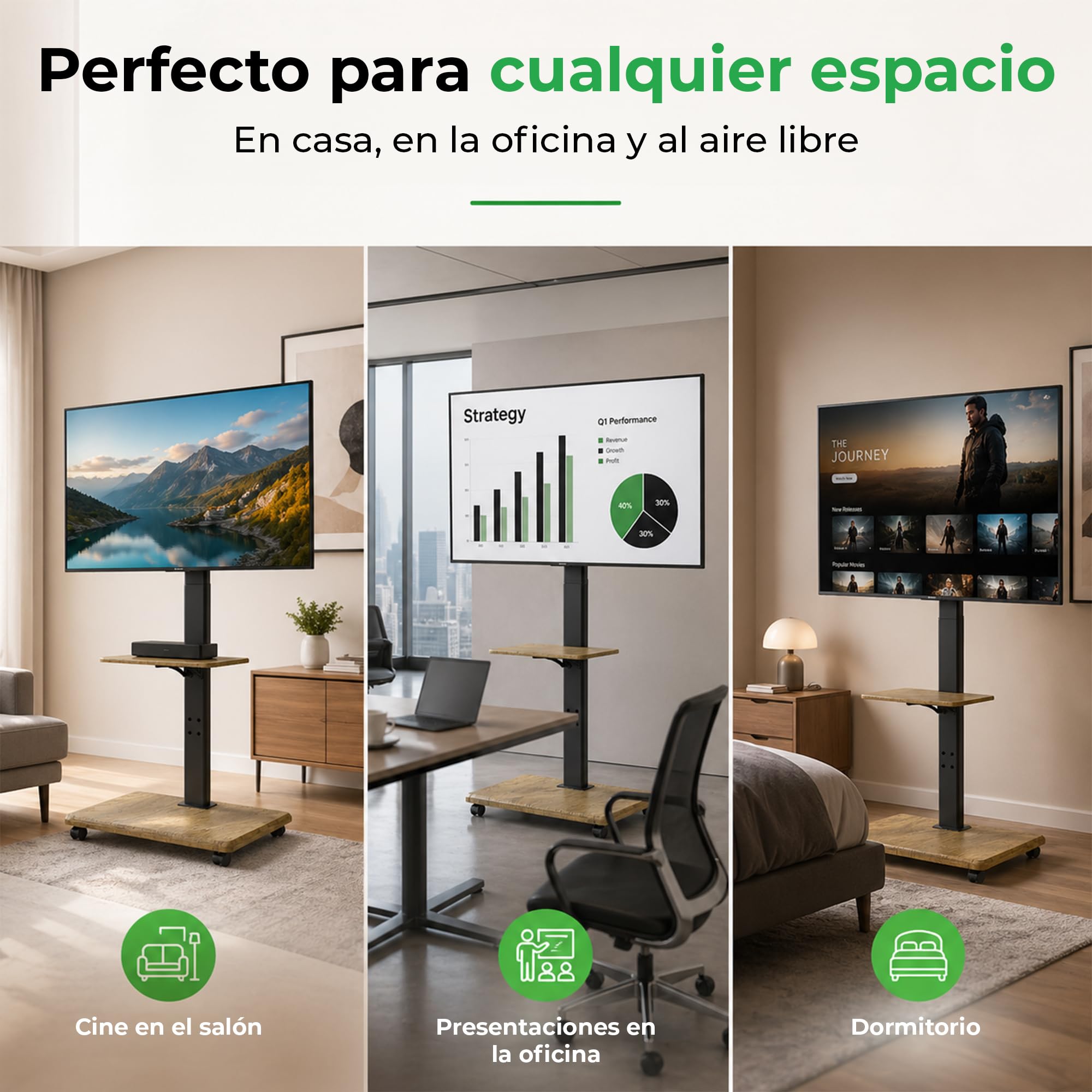Soporte TV Pie Portátil Delphos con Base de Madera, Soporte TV Ruedas, para TV de 32-70" y hasta 45 kg, TV Stand Regulable en Altura hasta Aprox. 130 cm, Giratorio ±25°, VESA MAX. 600x400