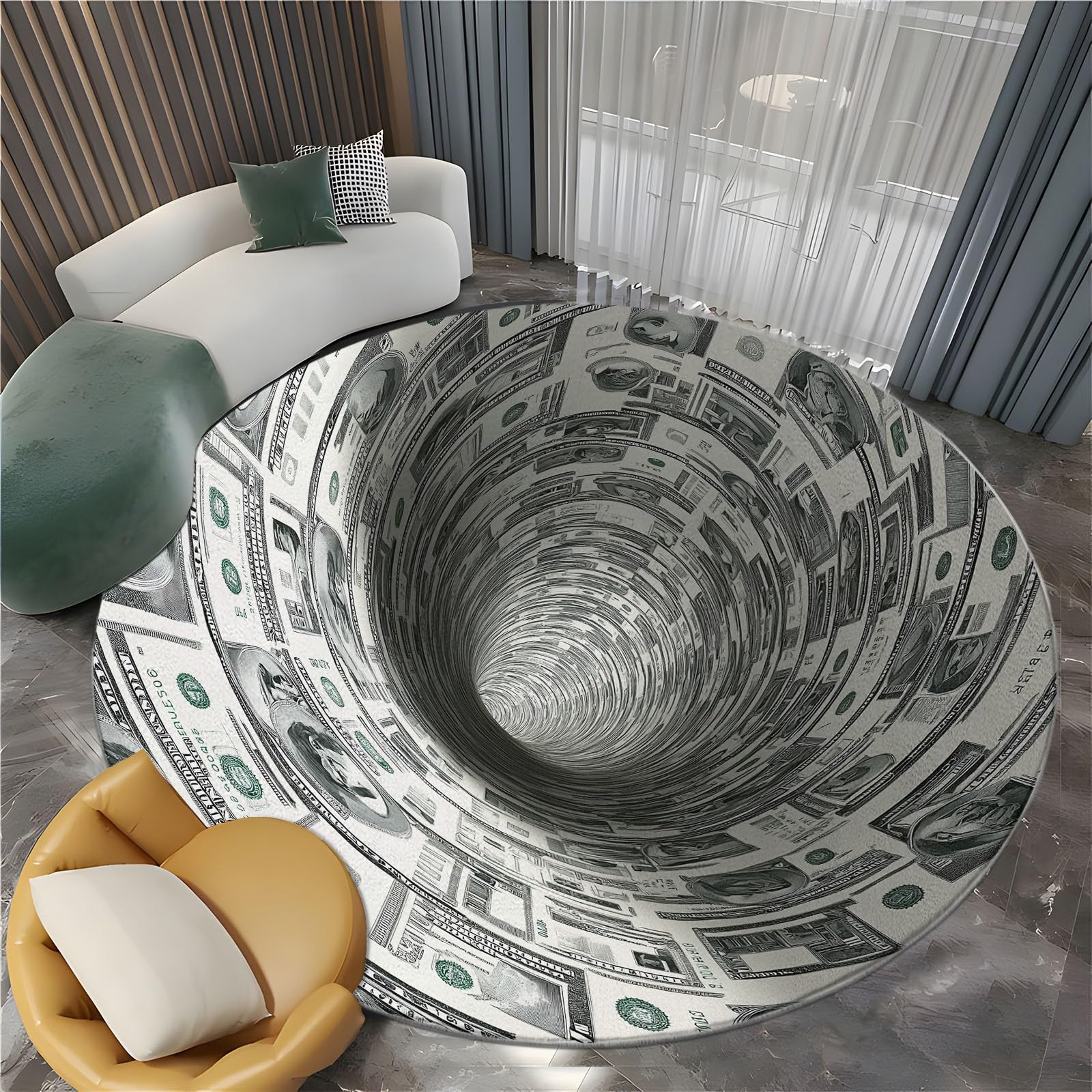 Generisch Rund Teppich Wohnzimmer Dollar-Banknote, 3D-Tunnel 200 cm Rund Teppich- Küche Jugendzimmer Esszimmer Flur und Schlafzimmer Rund Teppich Kurzflor Rund Teppich Extra Weich Pflegeleicht