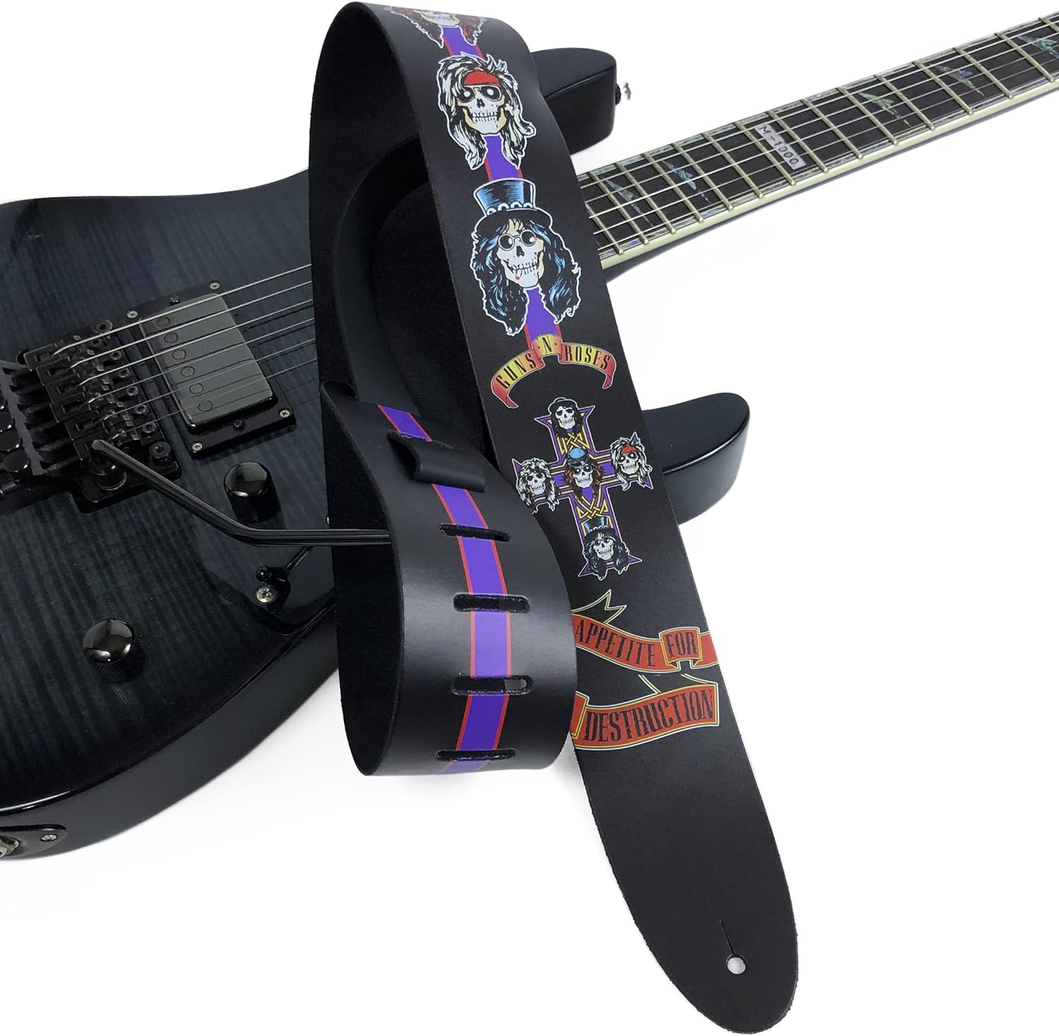 Perri’s Leathers, 42.5" to 56", Black, Licensed Guns N' Roses Leather Guitar Strap - Adjustable Straps, Compatible with All Button Lock Systems, Appetite For Destruction Printed, Guitar Accessories