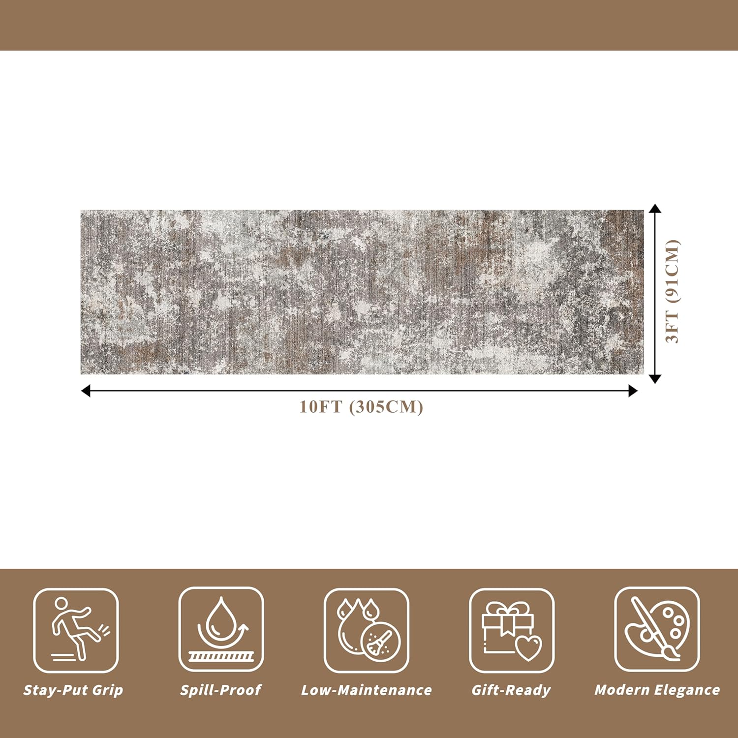 3x10 ft Long Hallway Runner Rug – Non-Slip Washable Kitchen Floor Rug with Rubber Backing, Modern Low Pile Thin Wide Carpet Runners for Bedroom, Entryway Indoor (Brown Beige,3x10) - Image 2