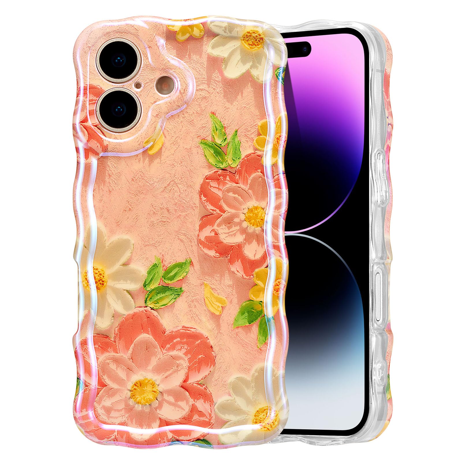 EYZUTAK Case for iPhone 15, Colorful Retro Oil Painting Flower Laser Beam Glossy Pattern Cute Curly Waves Border Exquisite Phone Cover Stylish Durable Soft TPU Protective Case for Girls Women - Green — view 91