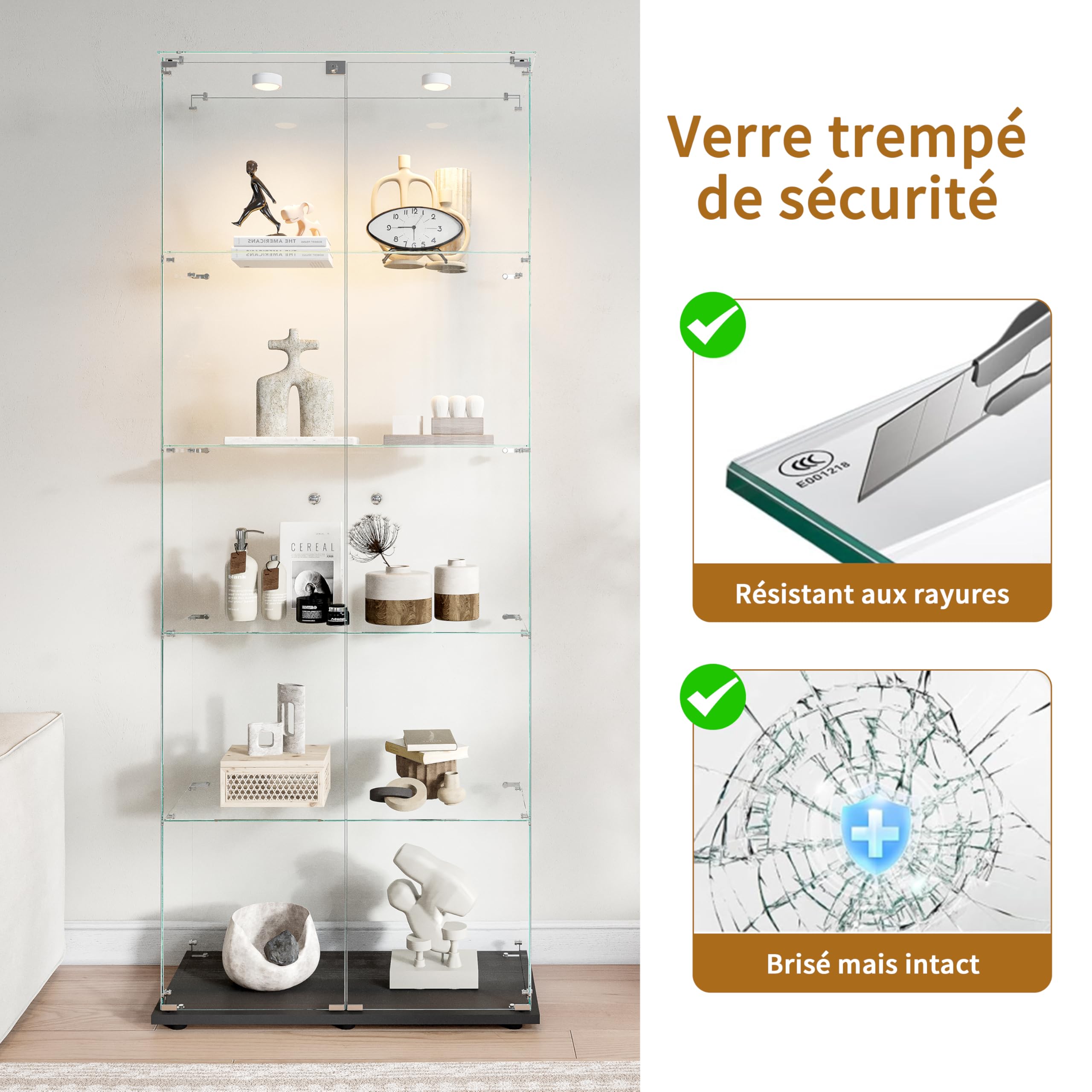 Vitrina de cristal con 2 puertas 5 estantería, mueble vitrina de cristal LED con cerradura, armario de cristal, vitrina de cristal con portavitrinas a pie para colecciónescaparate columna