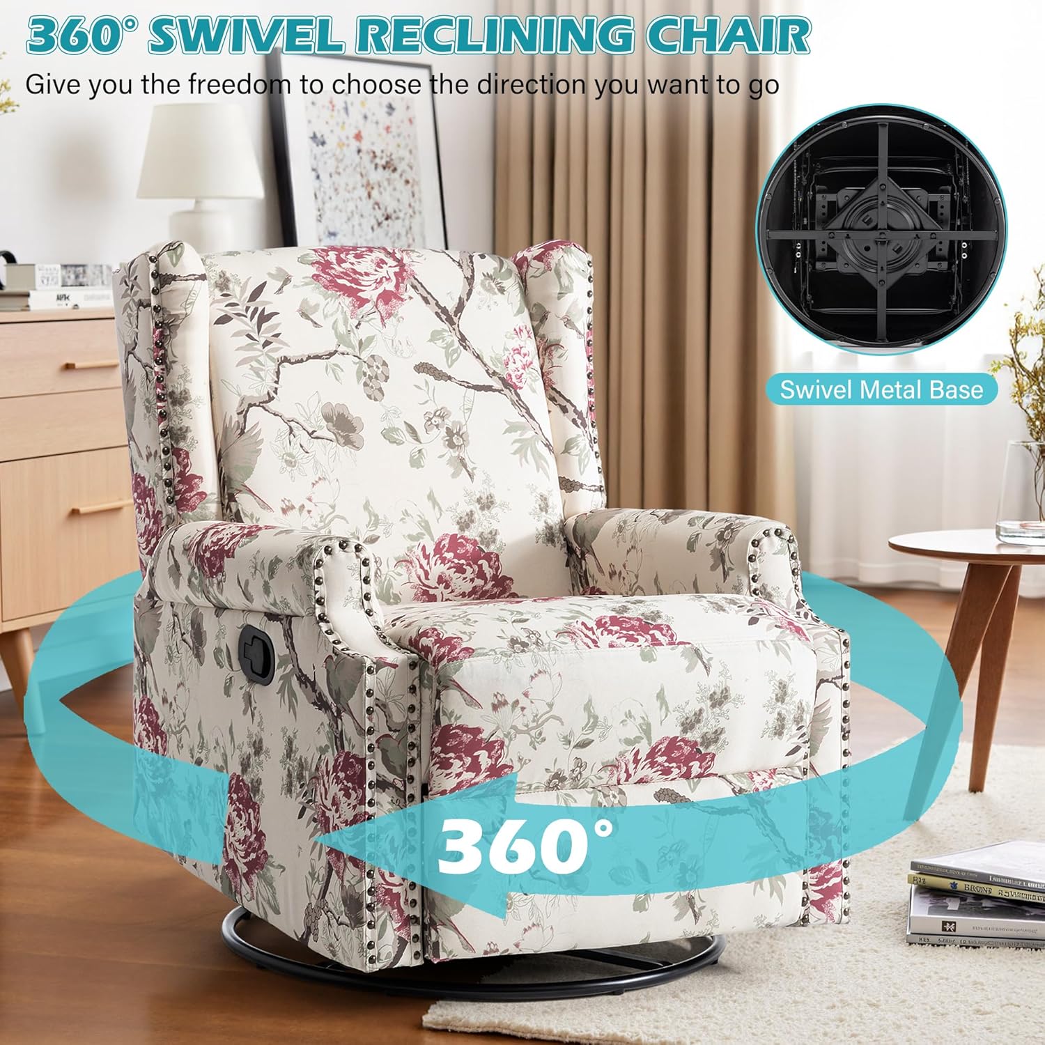 UIXE Swivel Glider Floral Recliner Chair, High Back Swivel Rocker Fabric Wingback Chair for Living Room, Rivet Trim Upholstered Armchair Manual Sofa Seating - Plants Floral