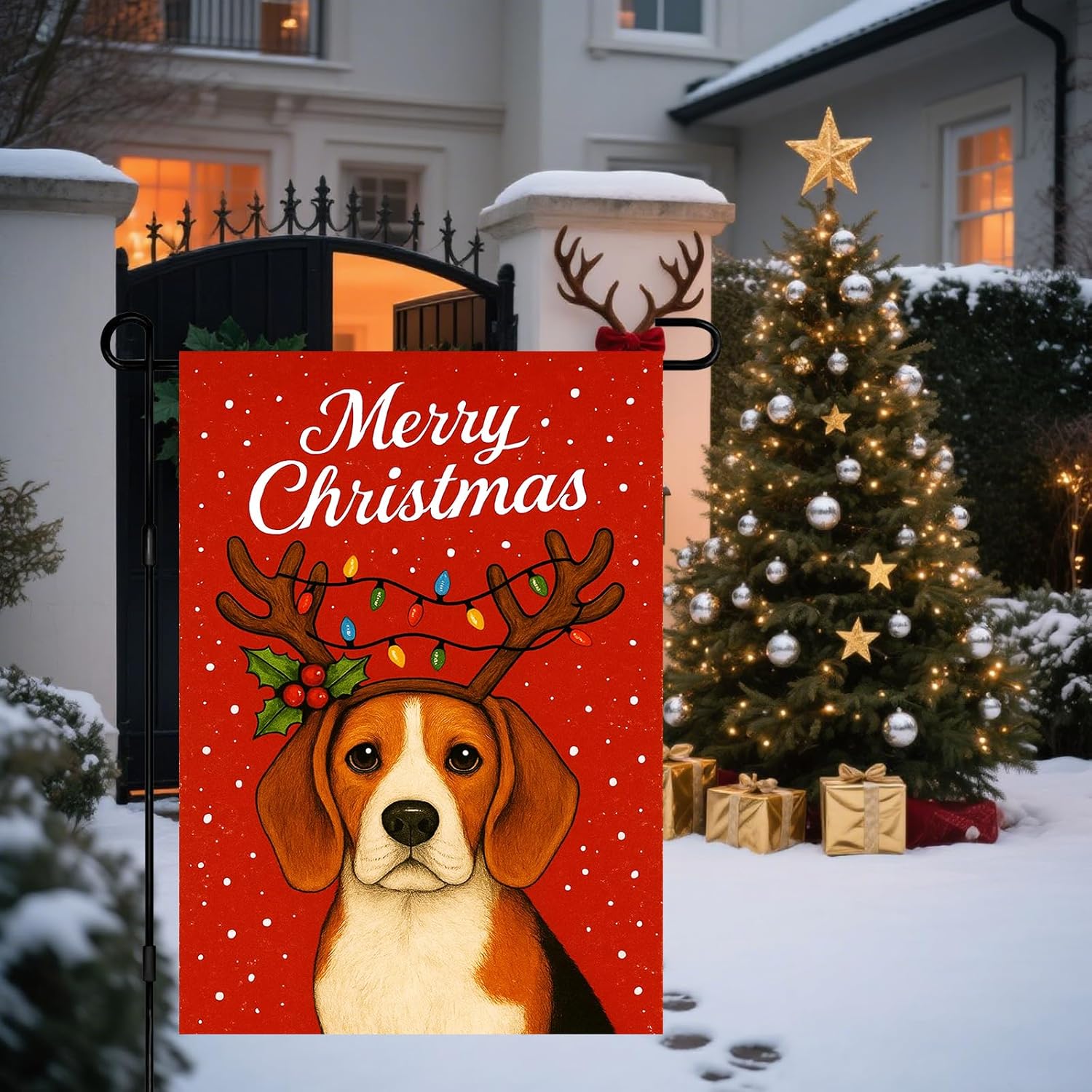 Christmas Garden Flag 12x18 Inch Welcome Beagle Dog Outdoor Flag Double Sided Holiday Puppy Yard Banner with Antlers and Holly for Porch Lawn Patio - Image 5