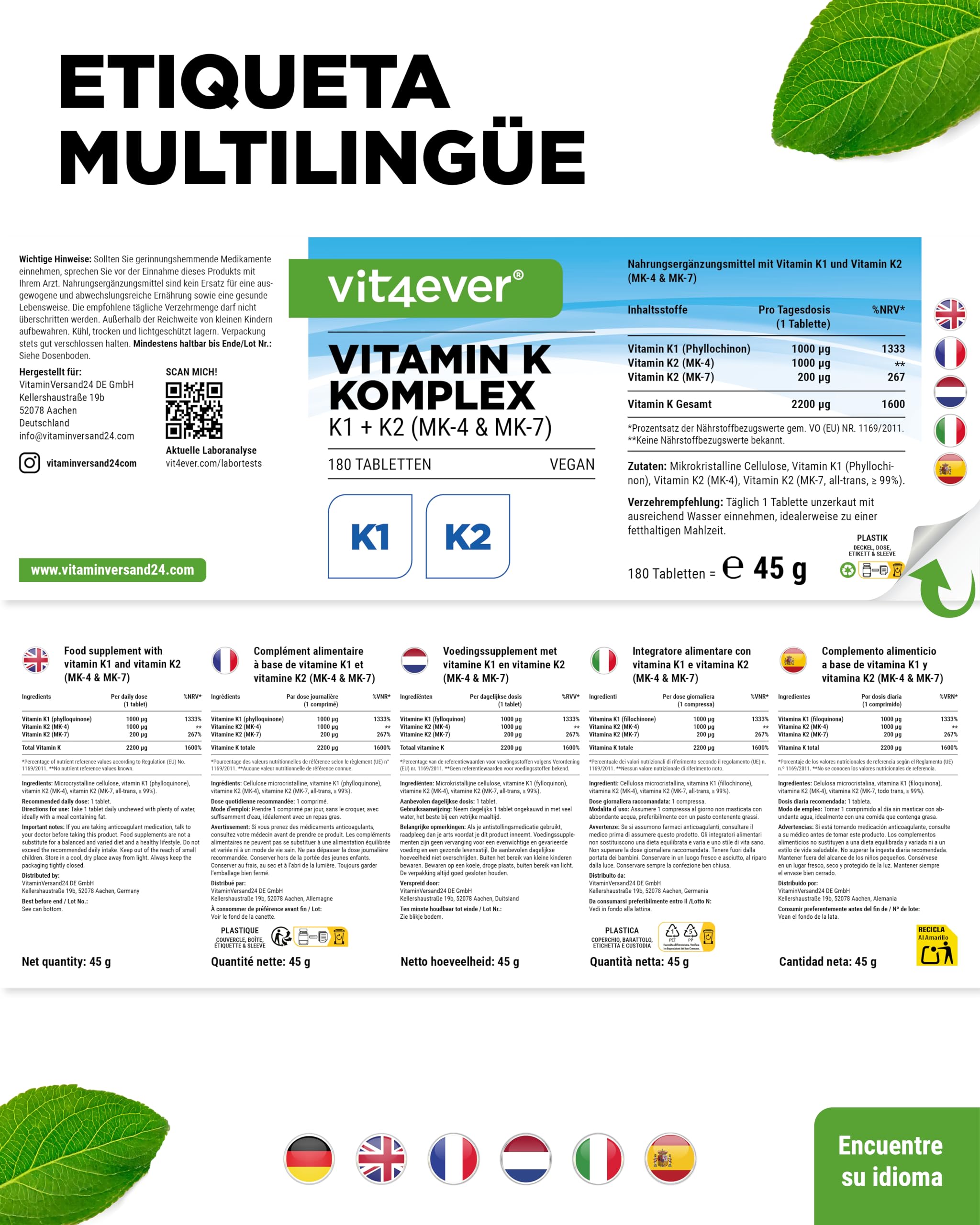 vit4ever Complex de Vitamina K - 180 Comprimidos - Alta Dosificación con 1000 µg de Vitamina K1 + K2 Menaquinona (1000 µg MK4 + 200 µg MK7) - Sin Aditivos innecesarios - Vegano