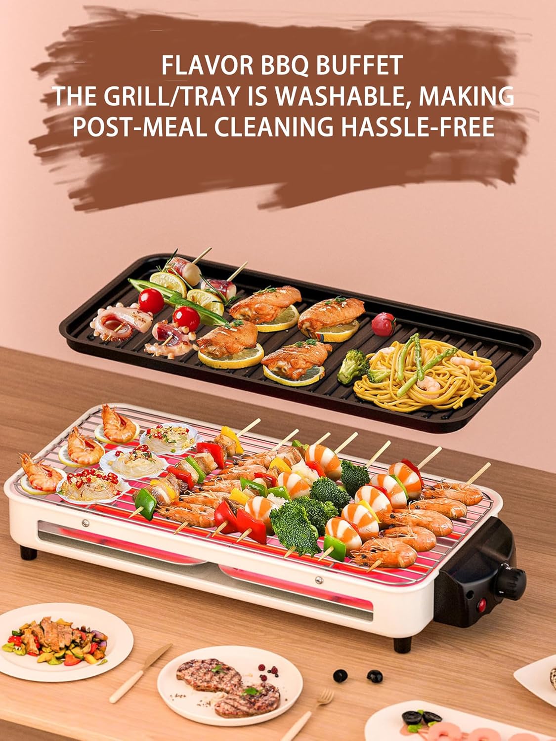 Smokeless Electric Grill with Hot Pot, Stainless Steel Heating Tube, Suitable for Outdoor Camping, Family Barbecue and Party